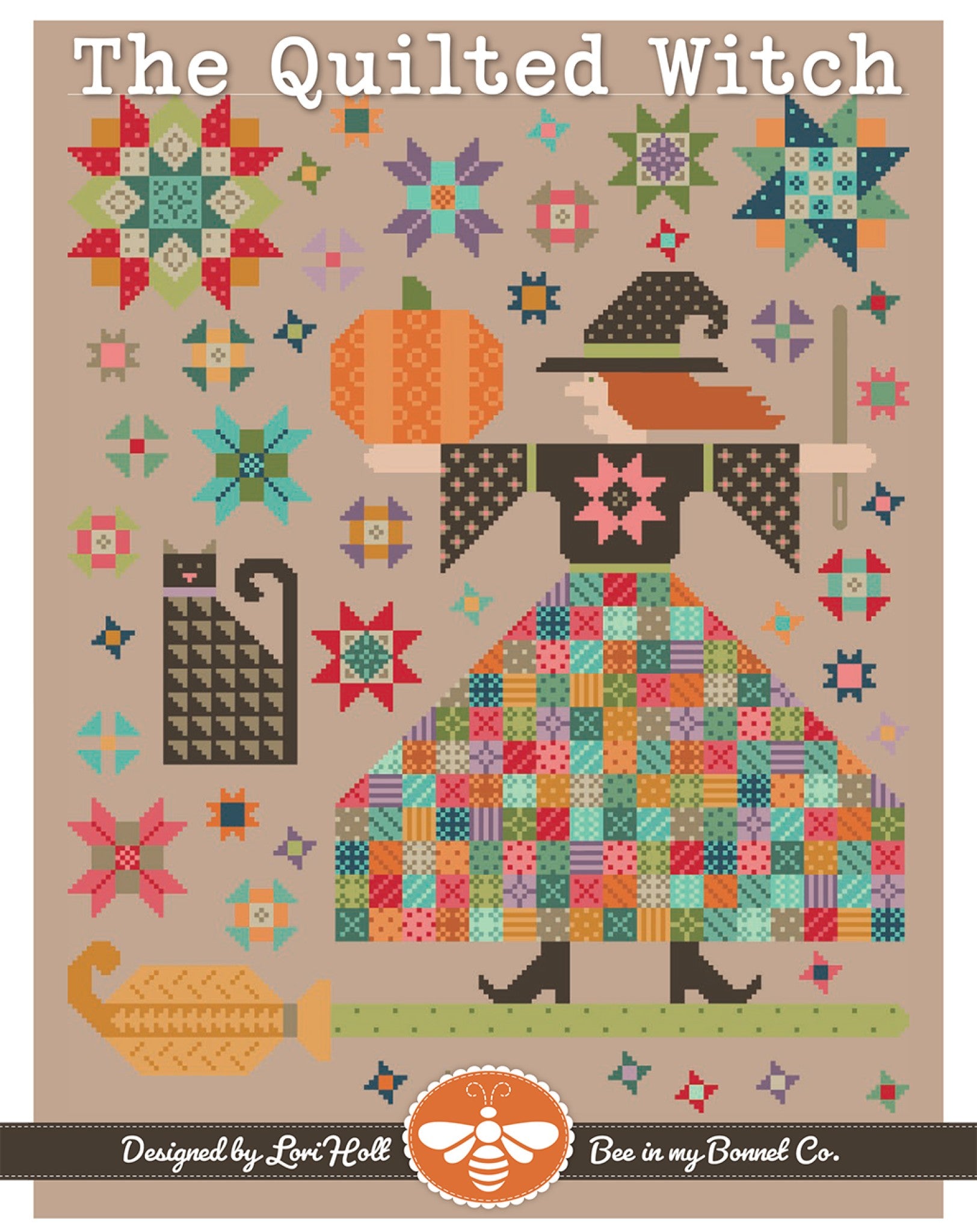 Front cover of The Quilted Witch cross stitch pattern by Lori Holt for It's Sew Emma. A cross stitch witch in a polka-dot pointed hat holds an orange pumpkin, her skirt a scrappy patchwork of tiny colored squares, with a black cat, a broom and quilt-block stars and flowers scattered on a warm taupe background.