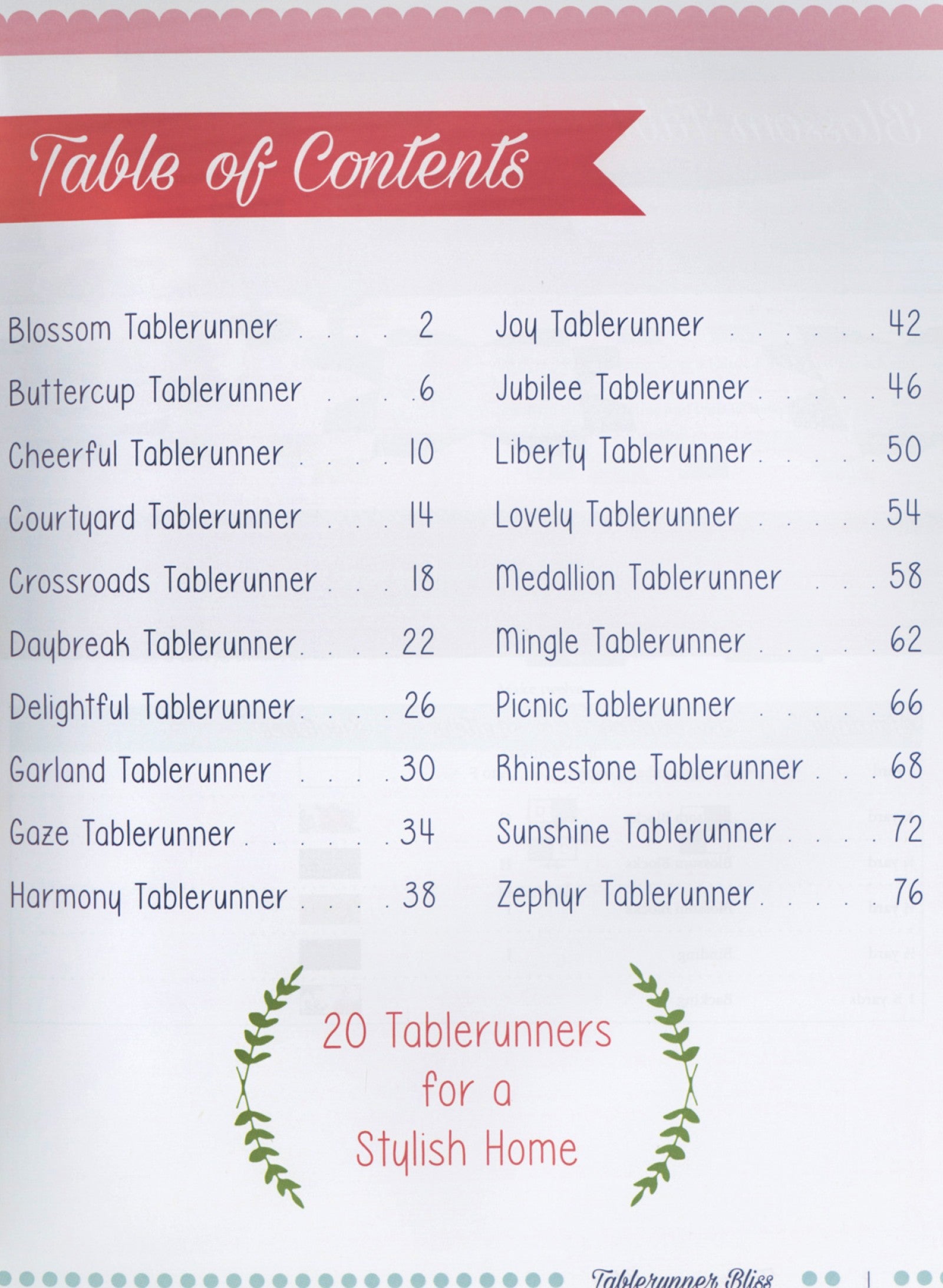Table of contents from Tablerunner Bliss, listing all twenty named table runners with page numbers.