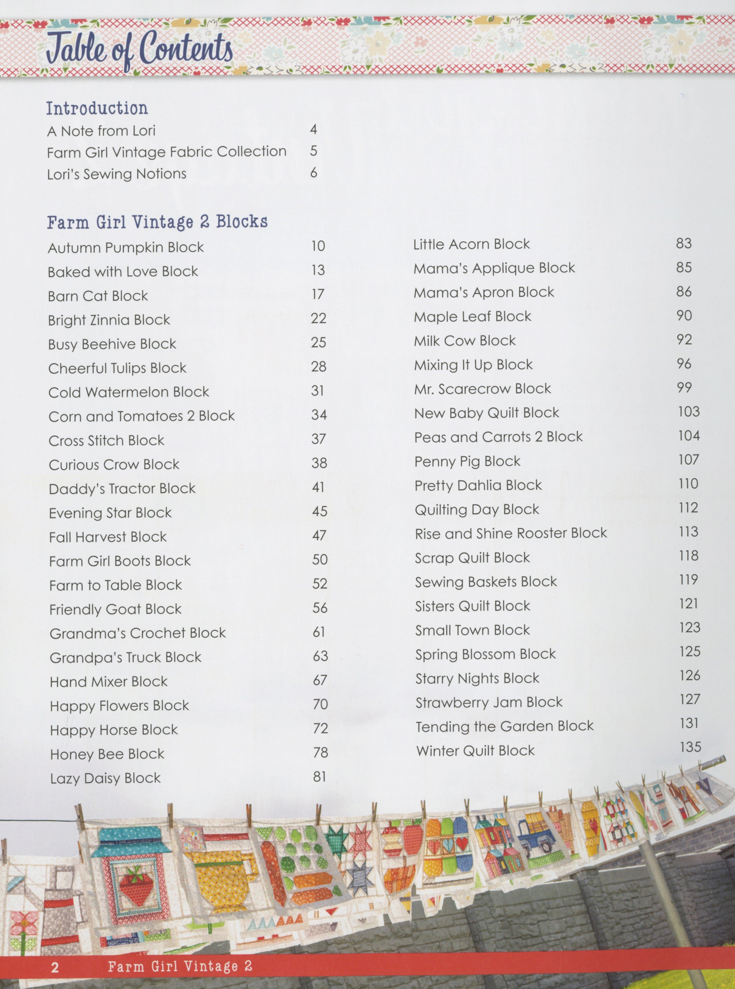 Table of Contents page from Farm Girl Vintage 2 by Lori Holt for It's Sew Emma, listing the 45 Farm Girl Vintage 2 blocks from Autumn Pumpkin to Winter Quilt, with a clothesline of mini quilts along the bottom.