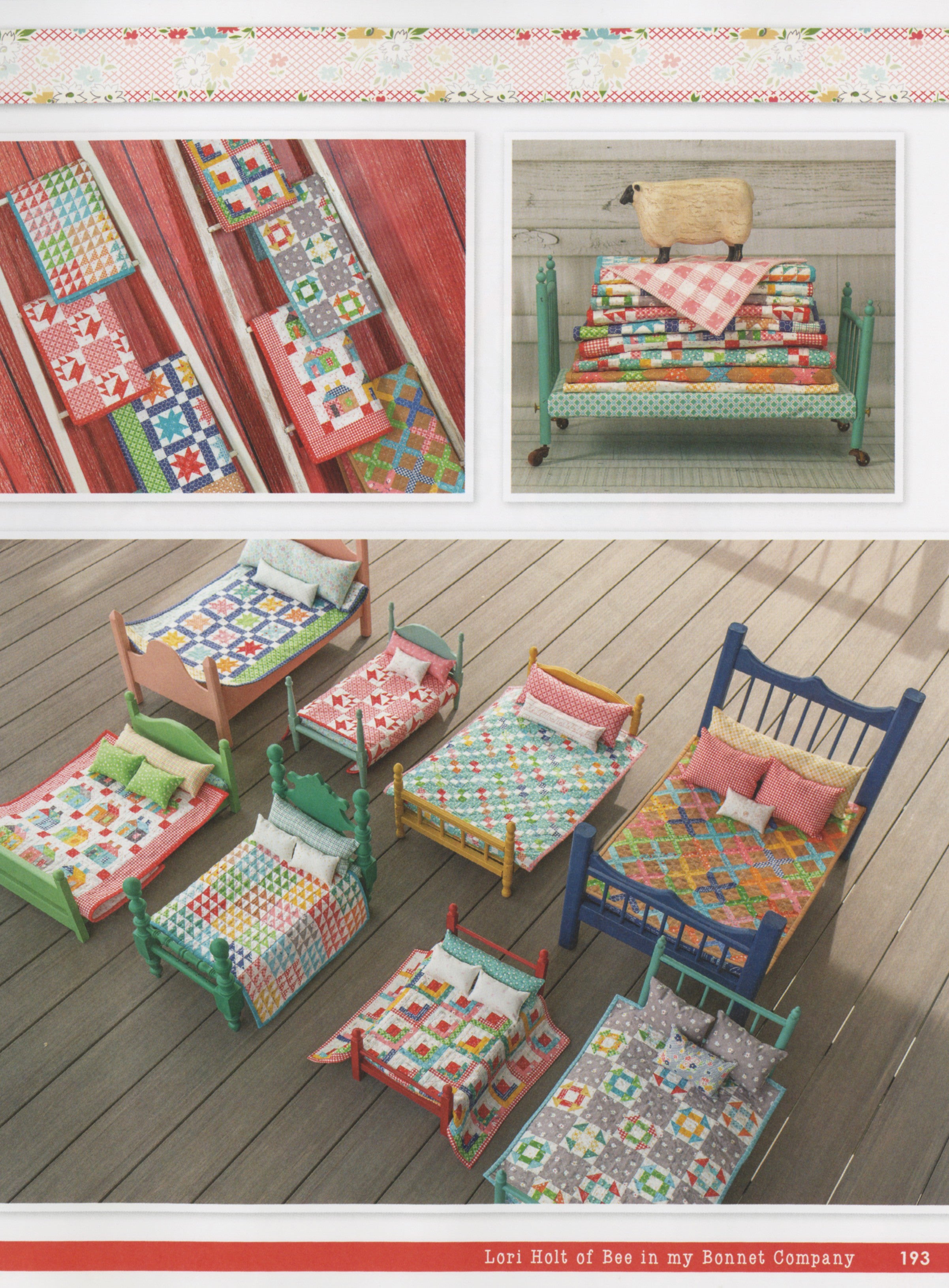 Doll quilts from Farm Girl Vintage 2 by Lori Holt for It's Sew Emma displayed on colorful painted doll beds and a barn ladder, with a carved wooden sheep on a stack of folded doll quilts.