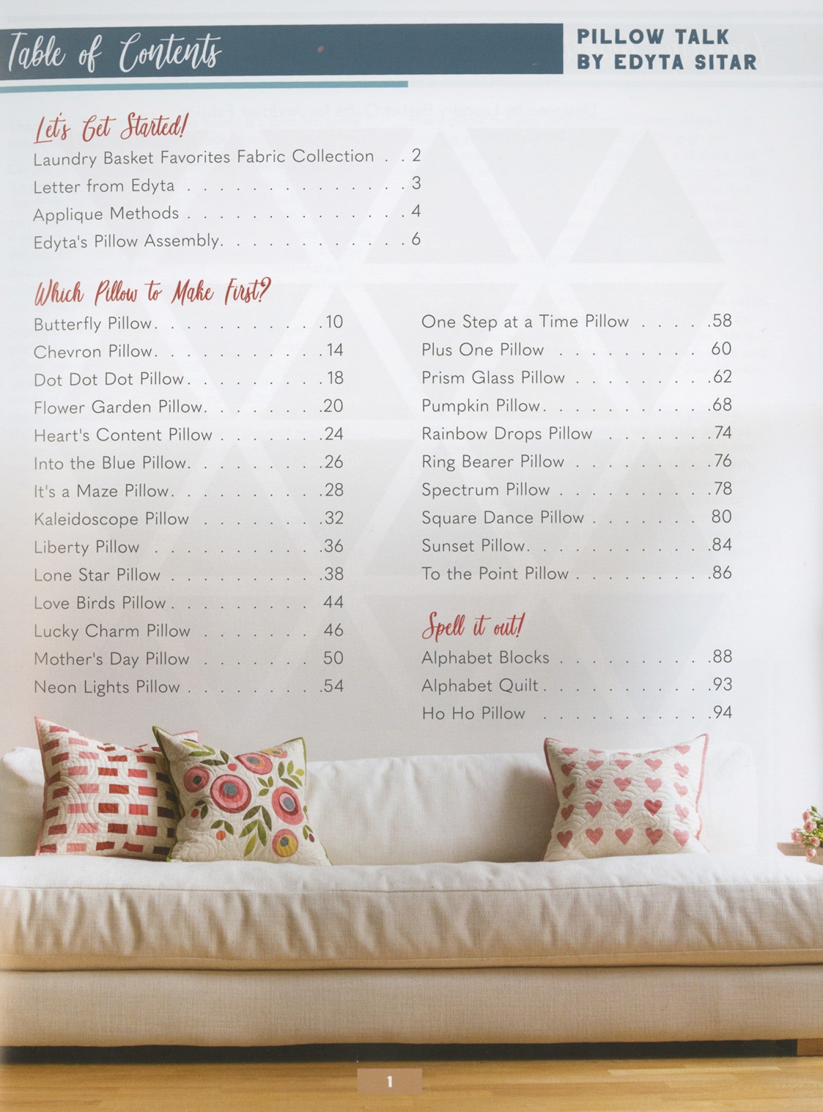 Table of contents from Pillow Talk, listing the twenty-five pillows and the applique and assembly sections with page numbers.