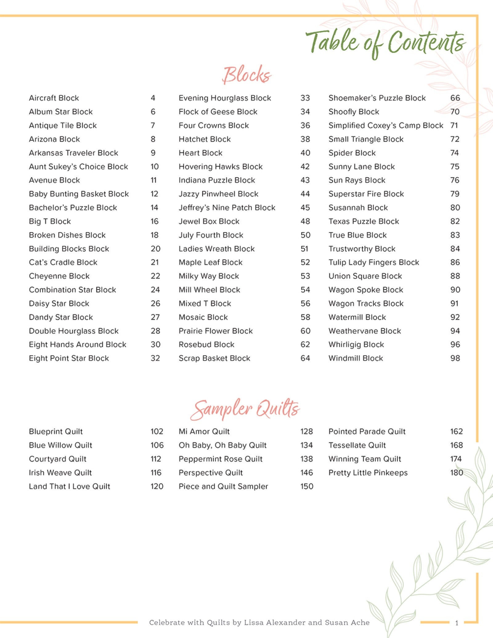 Table of contents from Celebrate With Quilts, listing sixty sampler blocks and the twelve sampler quilts with page numbers.