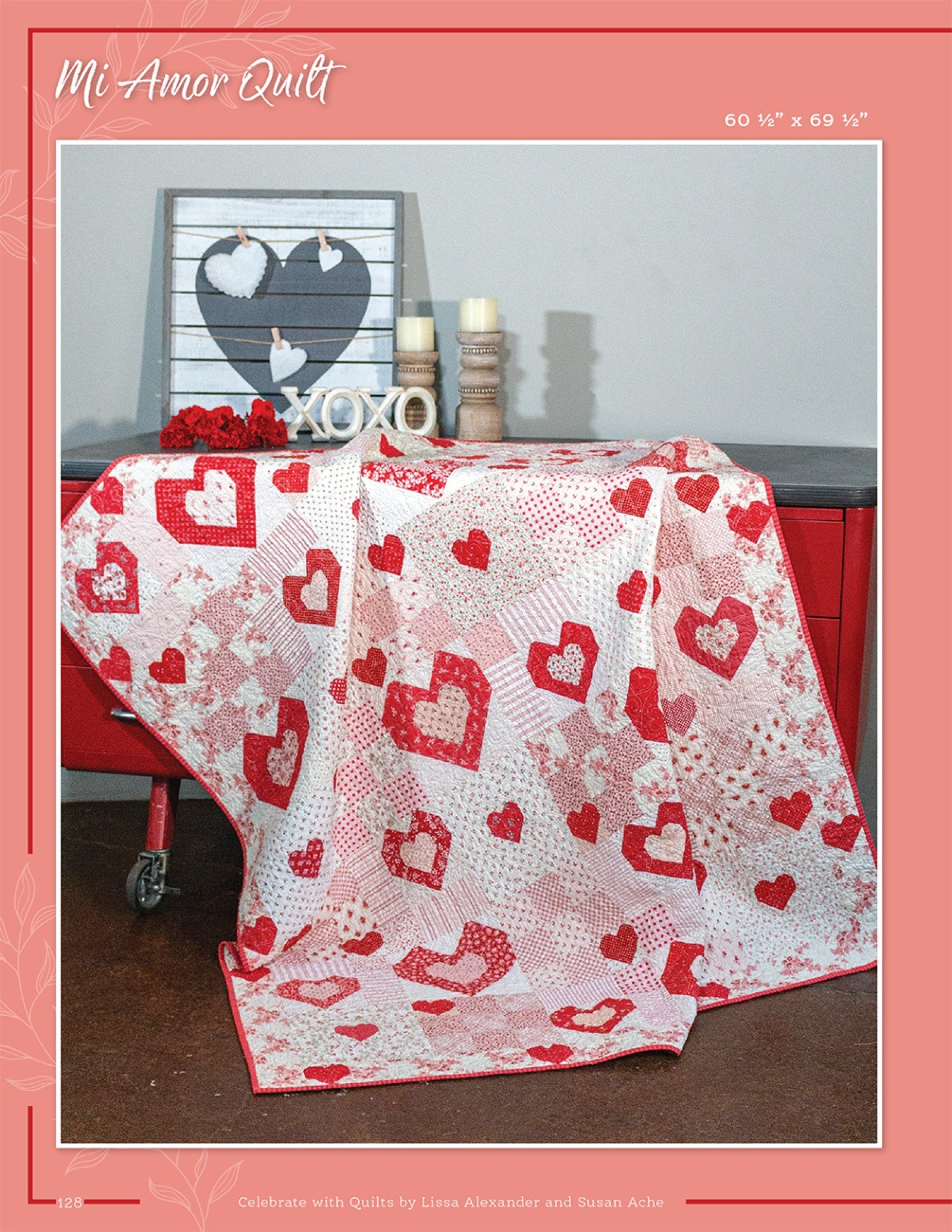 Mi Amor Quilt from Celebrate With Quilts, pink and red heart blocks on a white background.