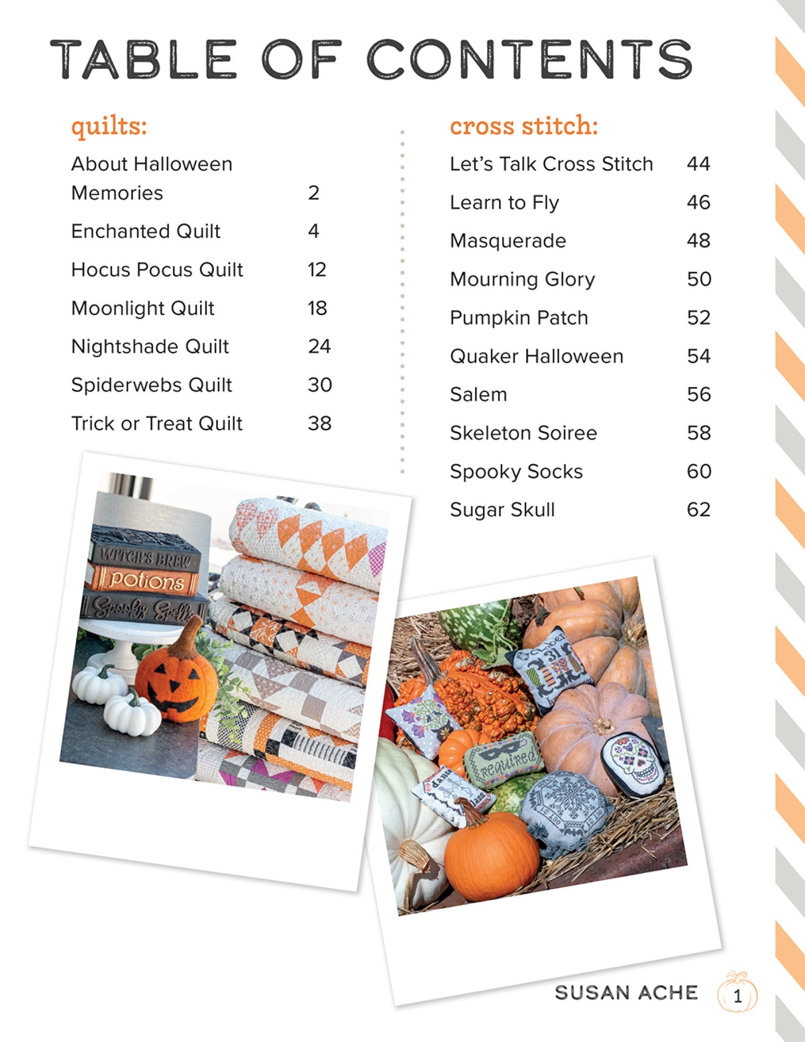 Table of contents from Halloween Memories listing the six quilt patterns and the nine cross stitch designs.