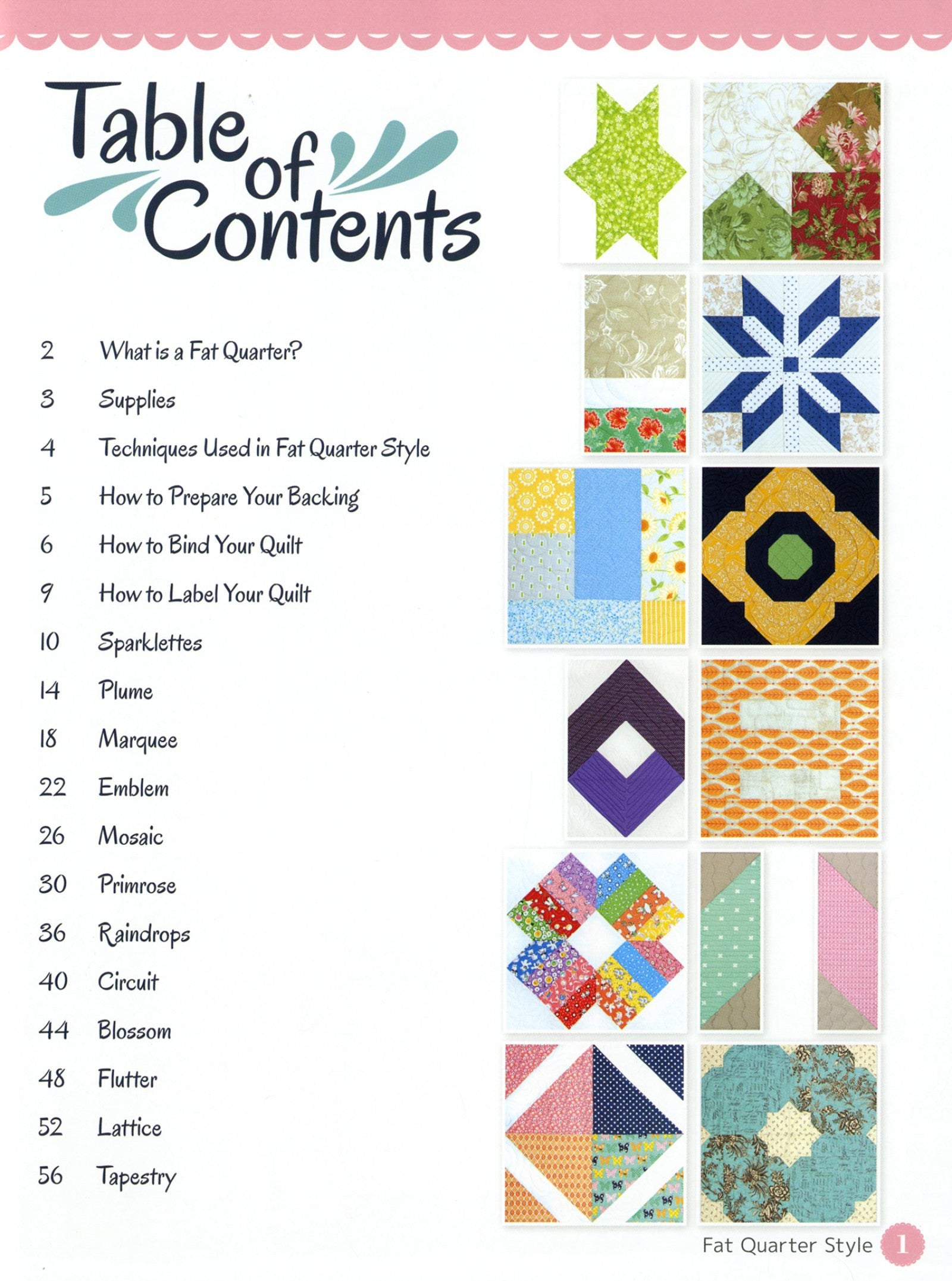 Table of contents page from the Fat Quarter Style pattern book, listing the twelve quilt projects with page numbers.