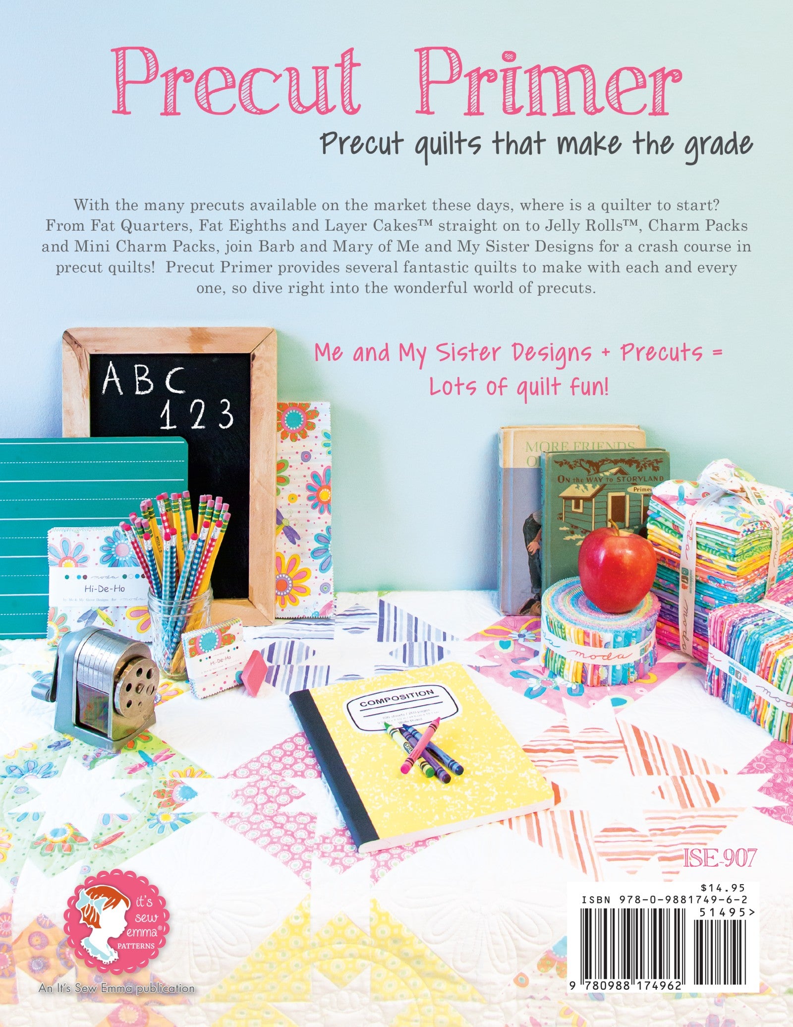 Back cover of Precut Primer from It's Sew Emma, a soft floral star quilt with the book blurb and the It's Sew Emma Patterns logo.