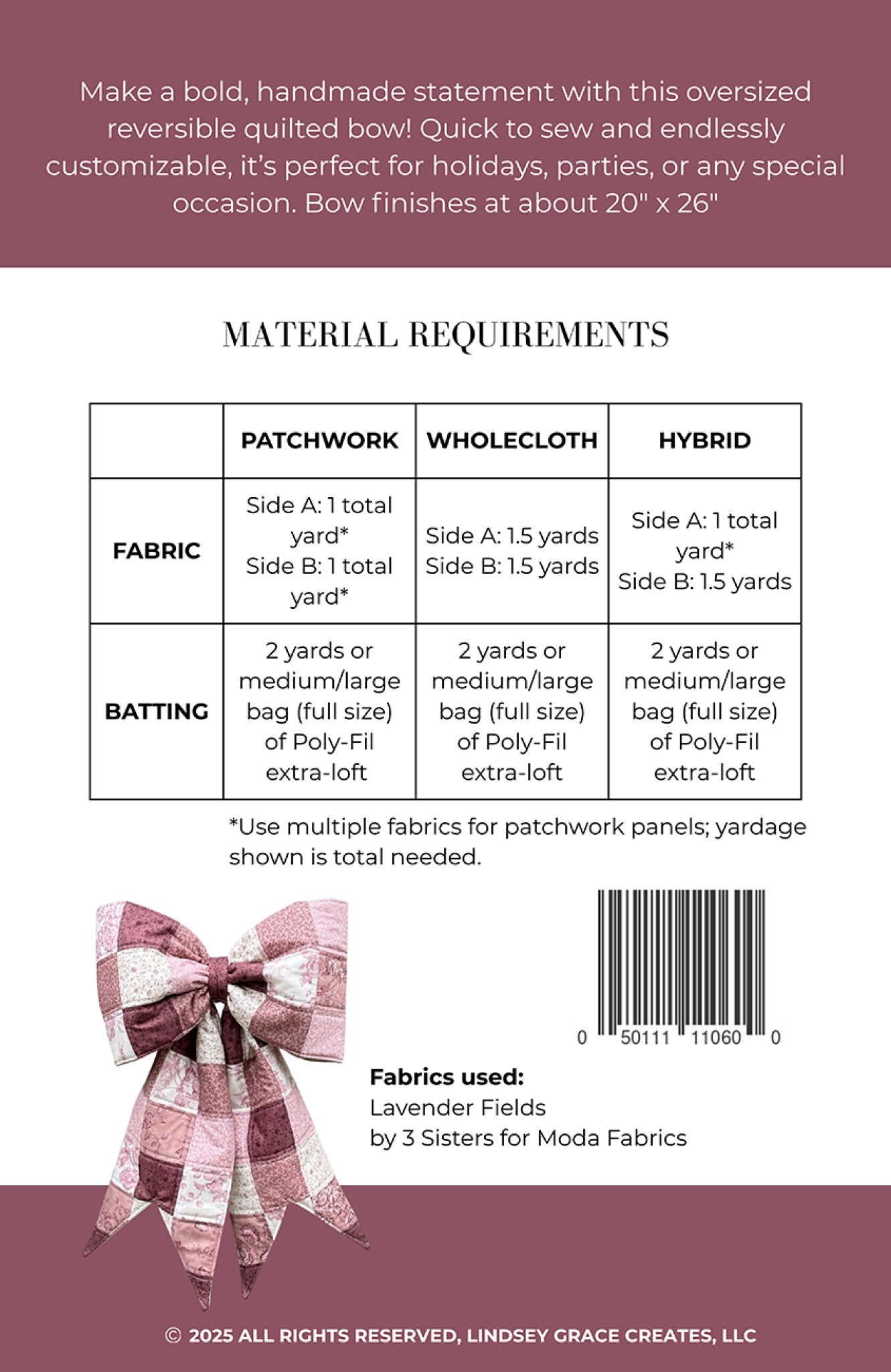 The Big Giant Quilted Bow Sewing Pattern by  Pauline McArthur from Lindsey Grace