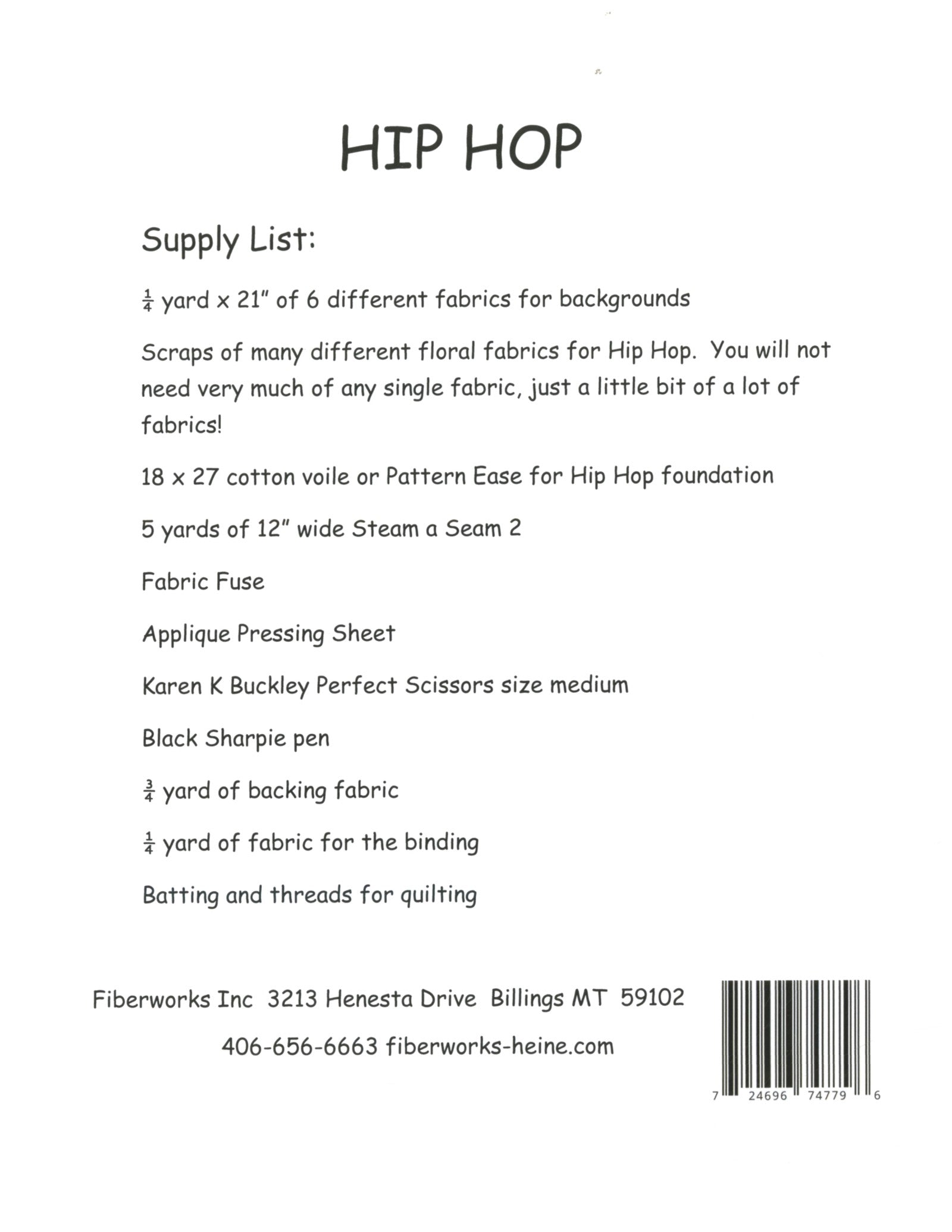 Back cover of the Hip Hop Rabbit collage quilt pattern by Laura Heine with the printed supply list: six background fabrics, scraps of many floral fabrics, cotton voile or Pattern Ease foundation, Steam a Seam 2 fusible web, Fabric Fuse, applique pressing sheet, Karen K Buckley medium scissors, black Sharpie pen, backing, binding, batting, and quilting threads.