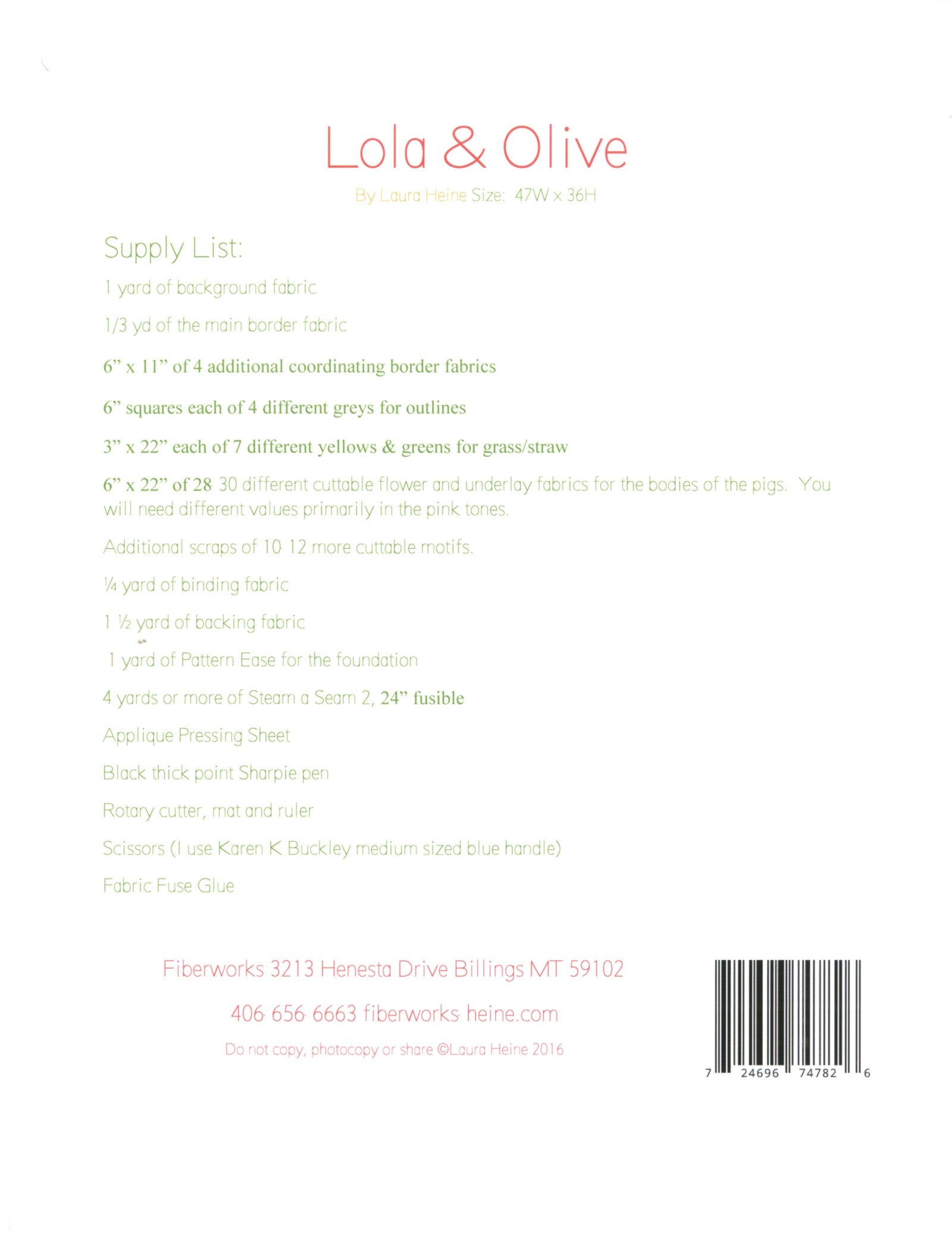 Back cover of the Lola And Olive collage quilt pattern by Laura Heine with the printed supply list: background and border fabrics, grey fabrics for outlines, yellow and green grass fabrics, 28 to 30 cuttable flower and underlay fabrics in pink tones, extra cuttable motifs, Pattern Ease foundation, Steam a Seam 2 fusible web, applique pressing sheet, Sharpie pen, rotary cutting tools, scissors, Fabric Fuse glue, binding, and backing fabric.