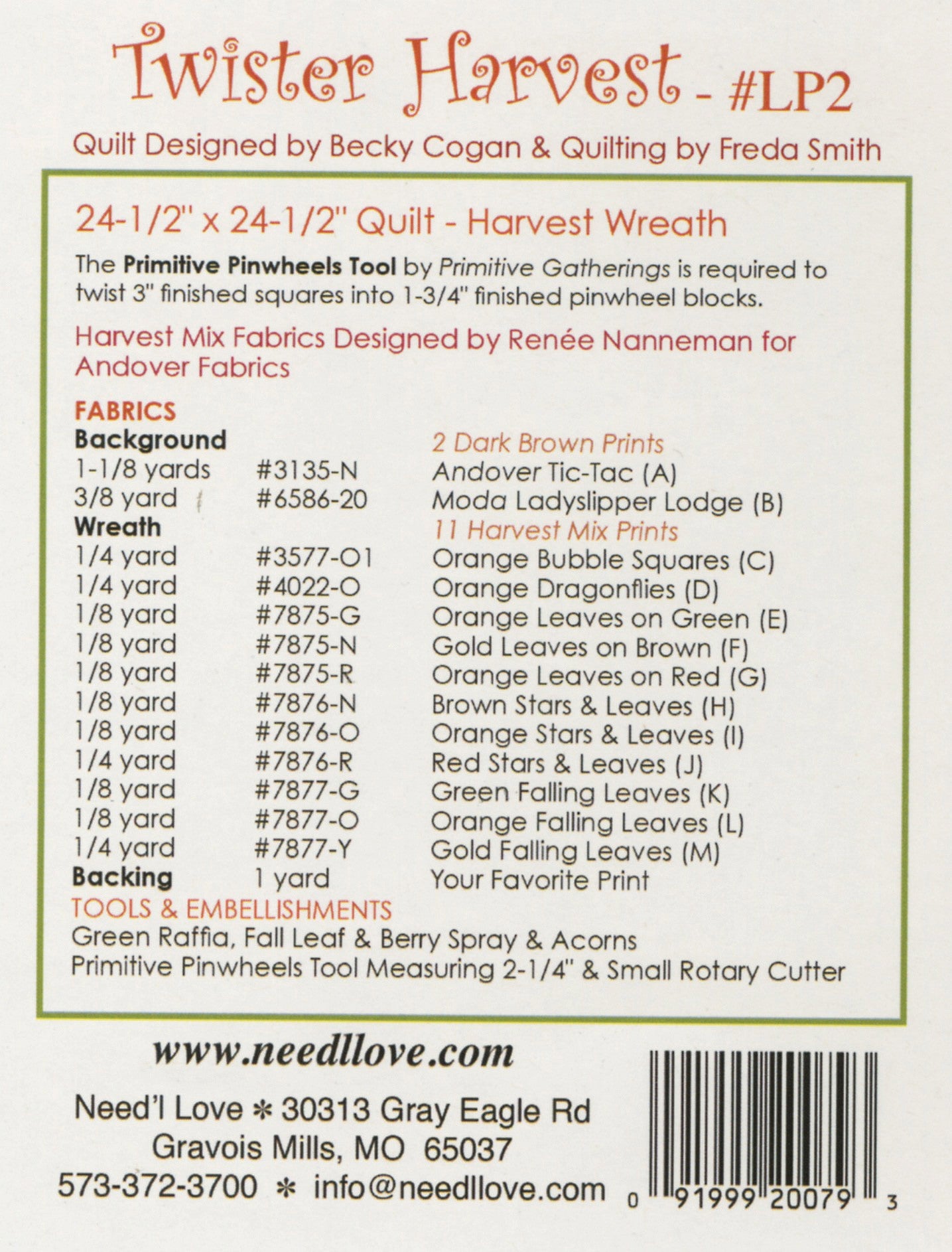 Back cover of Twister Harvest quilt pattern LP2 showing fabric requirements, yardage list for 11 harvest mix prints and 2 dark brown backgrounds, and tools needed including the Primitive Pinwheels Tool