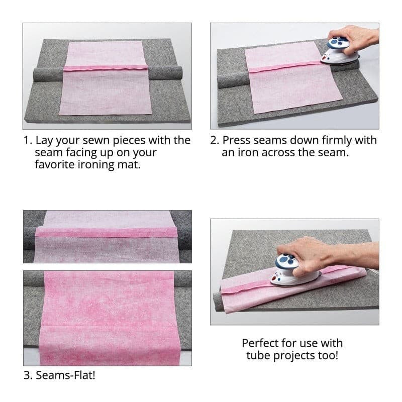 Four step photos from Maywood Studio: pink fabric lying over the Seams-Flat Pressing Bar on a gray wool mat with the seam along the top of the bar, a mini iron pressing along the seam, the seam lying flat, and the bar inside a fabric tube under the iron.