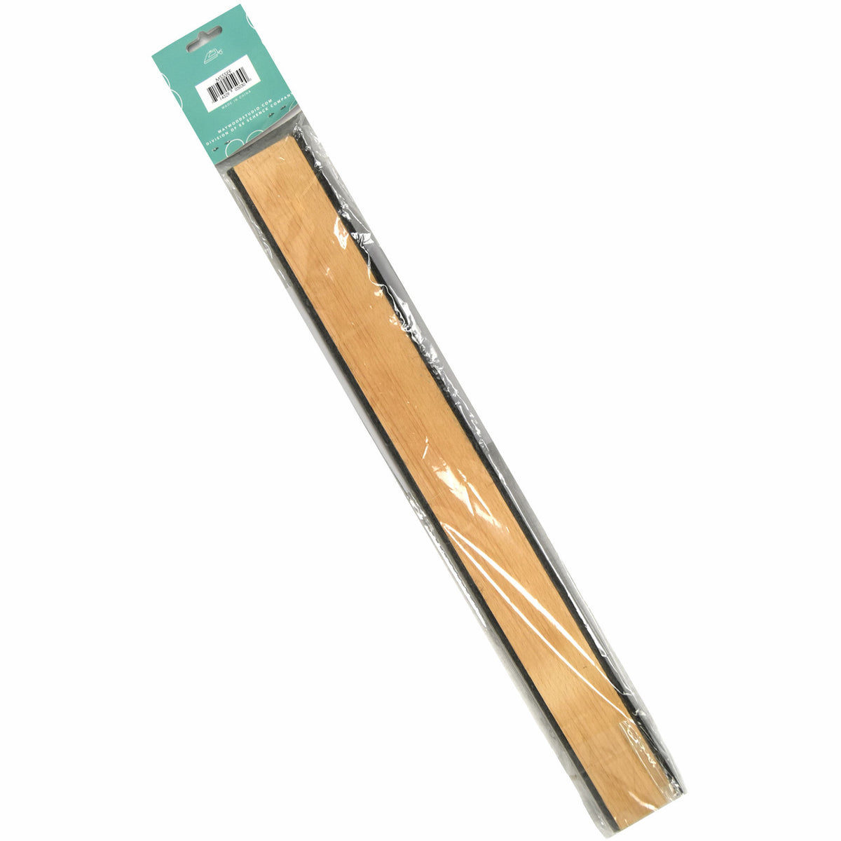 Wood side of the Maywood Studio Seams-Flat Pressing Bar in its package, a flat light wood base running the length of the bar.