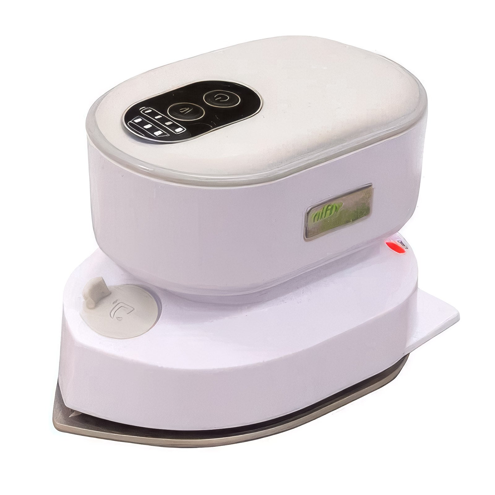 Nifty Notions Steam Charge Rechargeable Mini Iron in white, shown on its charging base at a three-quarter angle with the control panel on top and the metal soleplate below.