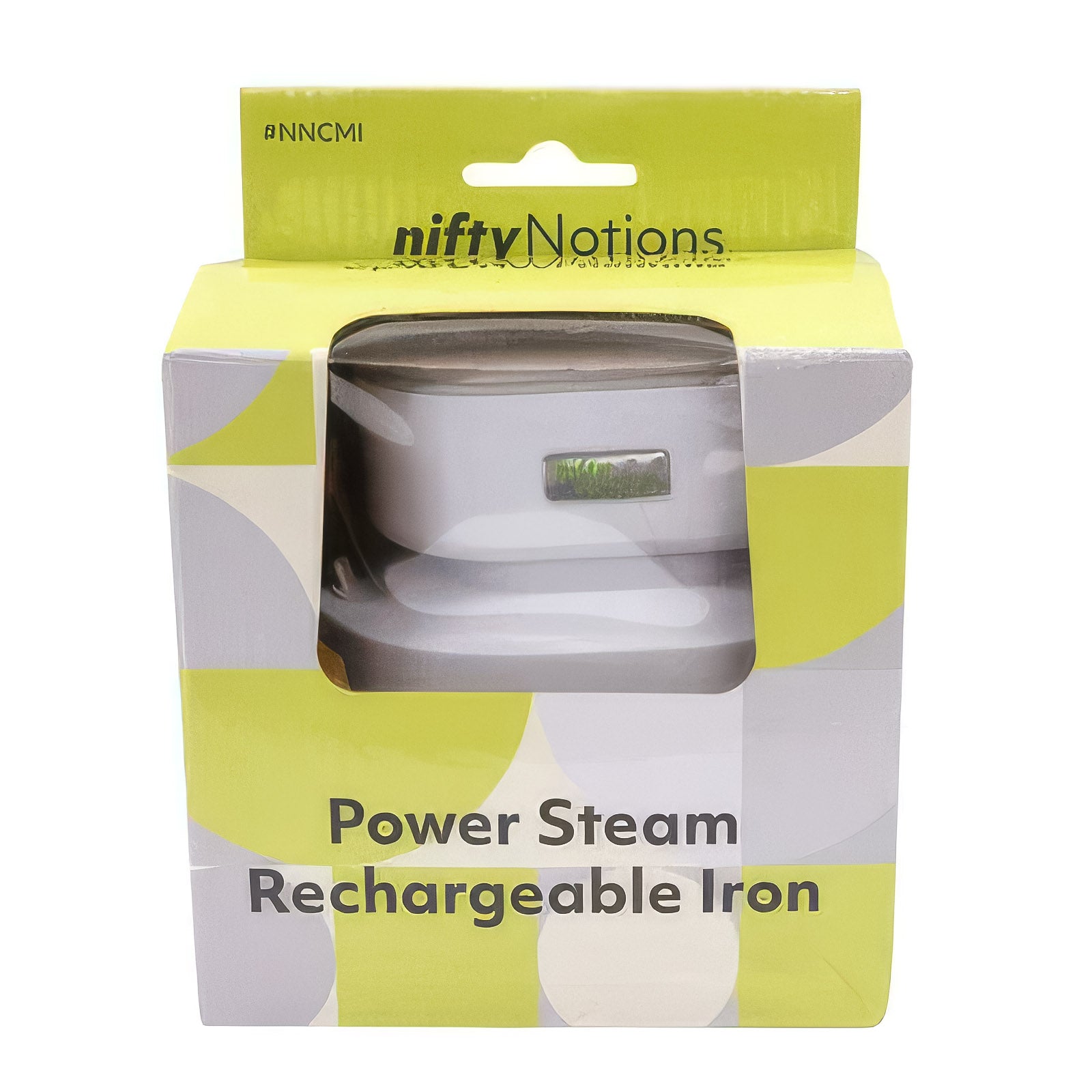 Nifty Notions retail box for the rechargeable steam iron in green and white, marked item #NNCMI.