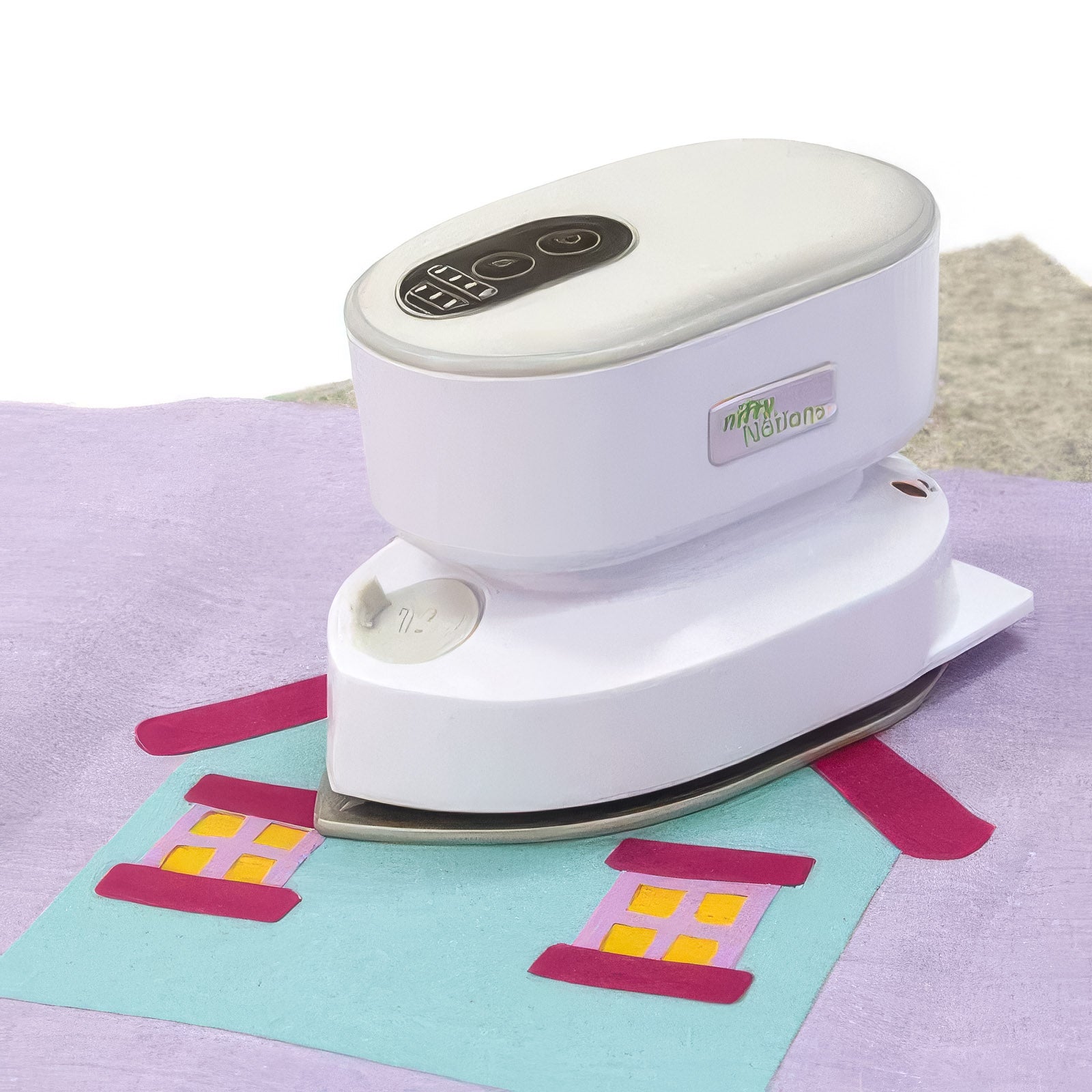 The white Nifty Notions cordless mini iron pressing a house-block applique on a purple quilt top.