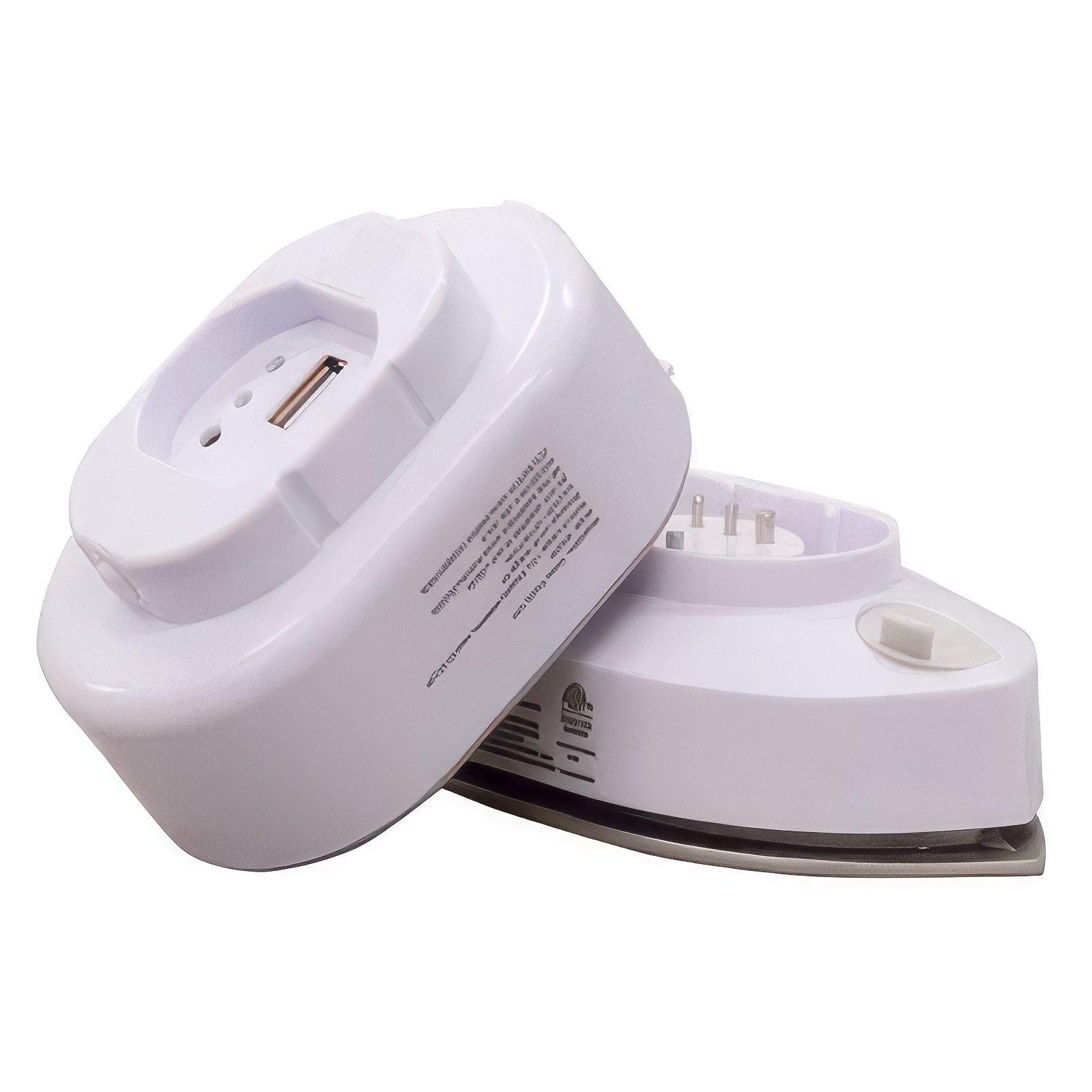 The iron lifted off its charging base, showing the base USB power-bank port and charging contacts beside the soleplate.
