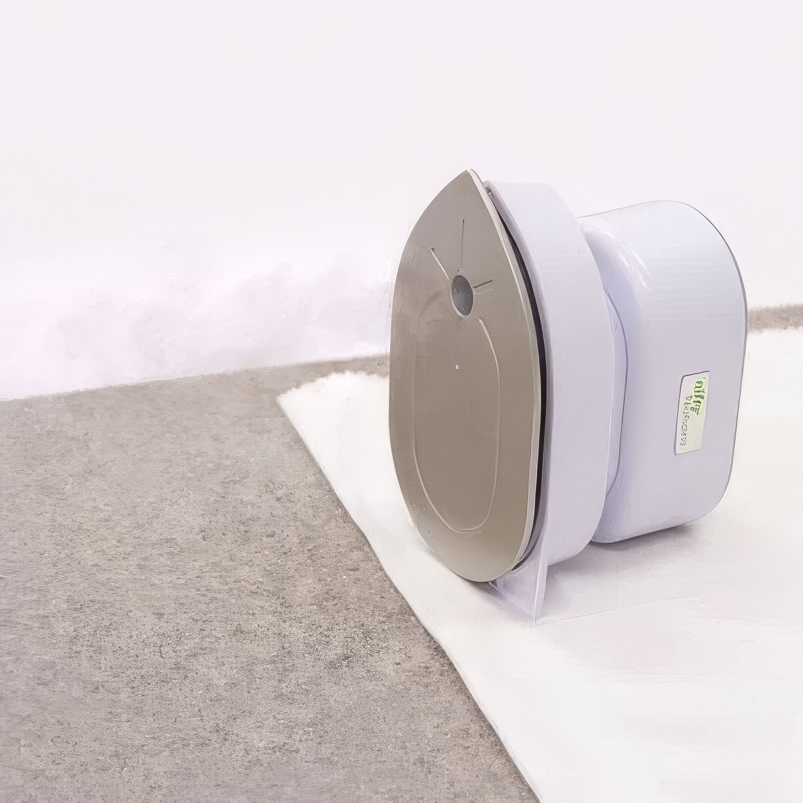 The Nifty Notions mini iron resting upright on its base on a white pressing cloth, metal soleplate facing forward.