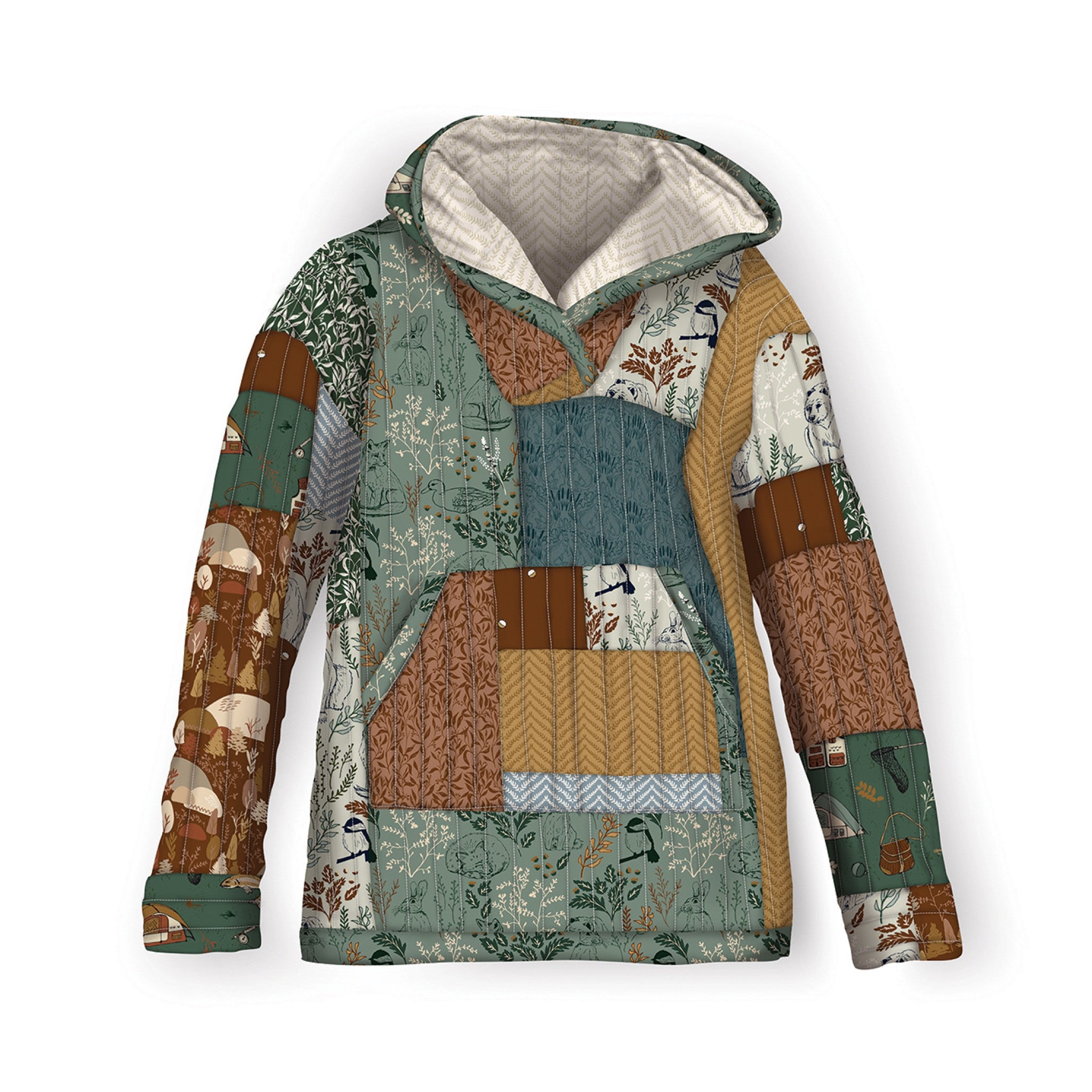 Quilted Hoodie sewing pattern by Casey Cometti from Wellspring Designs, sample shown flat on a white background. A pullover hoodie pieced as patchwork in woodland prints of forest green, rust brown, and golden yellow, featuring animals, mushrooms, leaves, and camping motifs, with vertical channel quilting, a cream herringbone-quilted hood lining, long sleeves, and a kangaroo front pocket.
