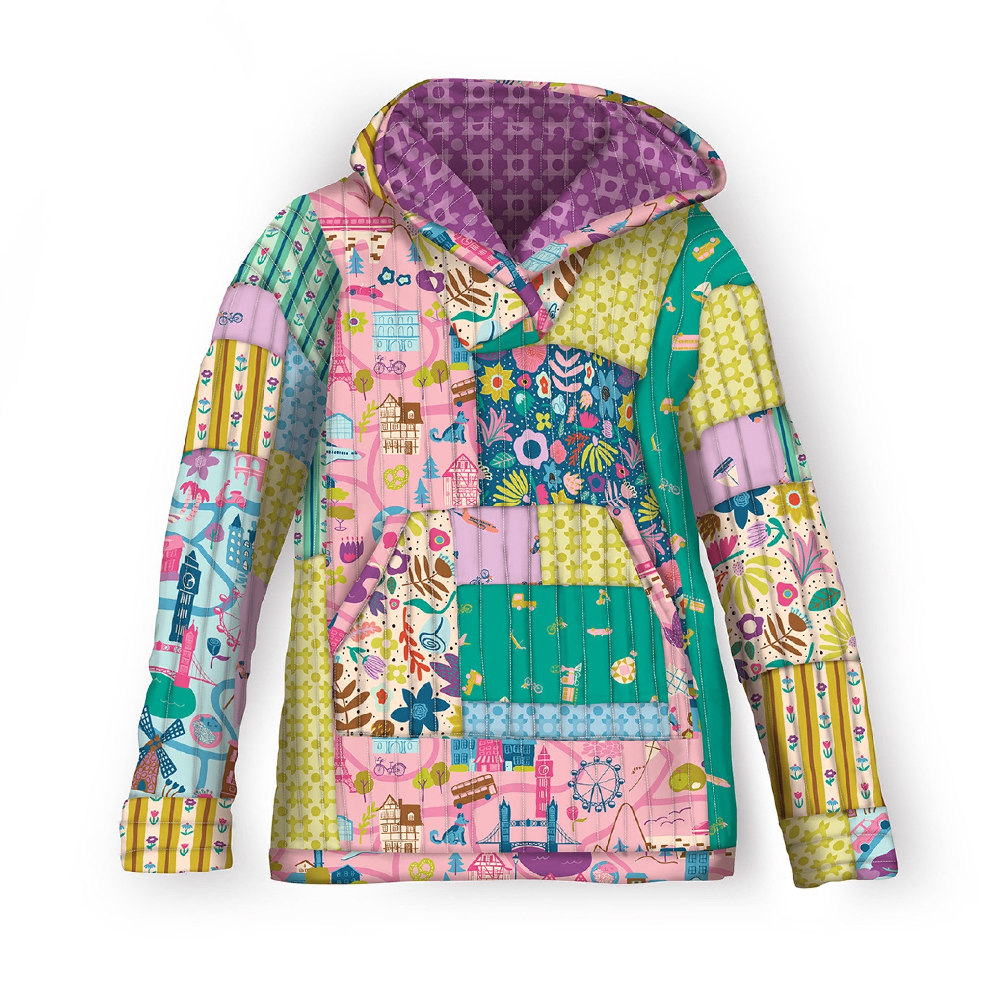 The same Quilted Hoodie pattern shown flat on a white background in a second fabric colorway, a bright travel theme pieced from pastel prints in pink, teal, lavender, and gold with European landmarks, florals, bicycles, and dots, plus a purple polka dot quilted hood lining, long sleeves, and a kangaroo front pocket.