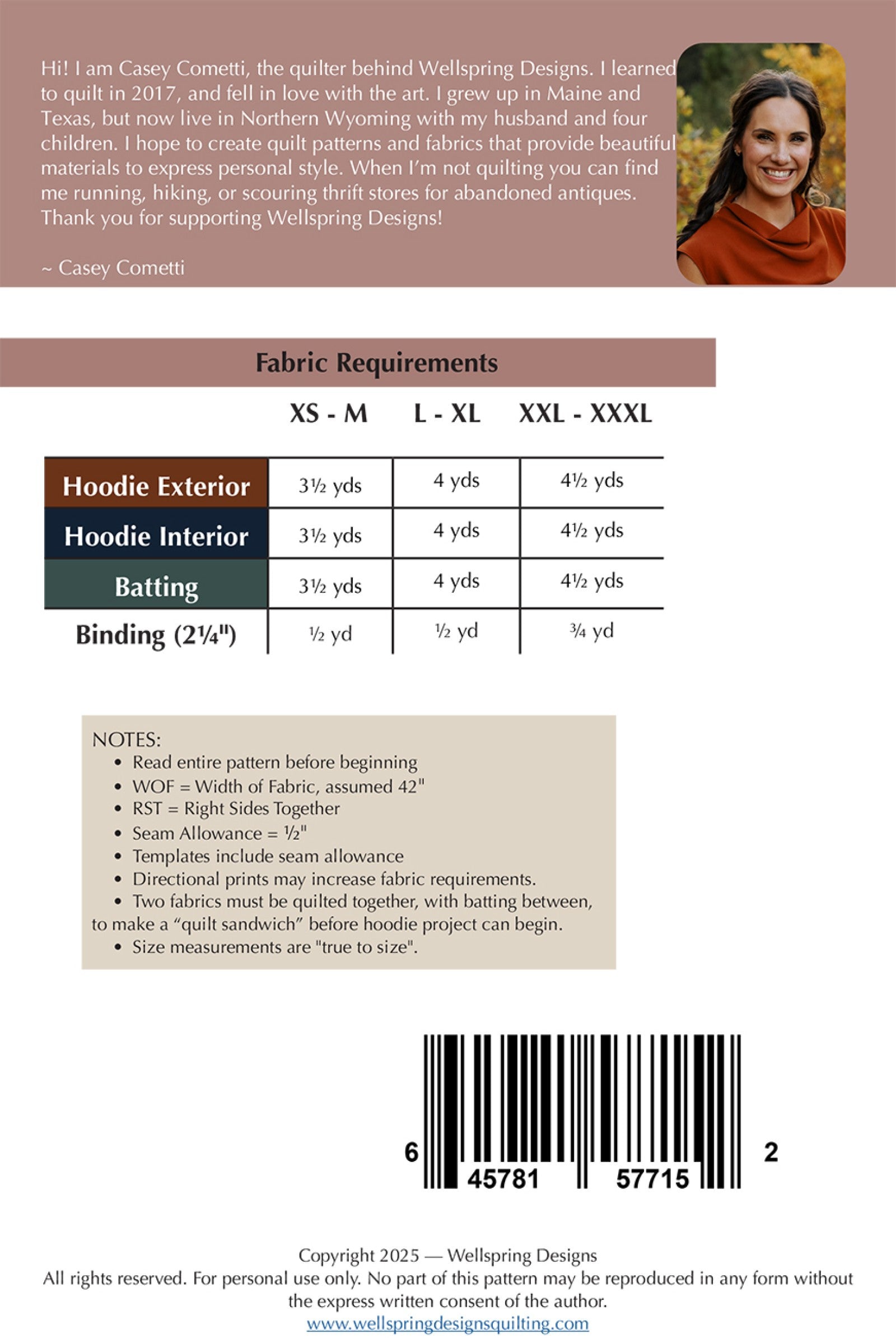 Back cover of the Quilted Hoodie sewing pattern from Wellspring Designs. It shows a photo of designer Casey Cometti and a fabric requirements chart giving hoodie exterior, interior, batting, and binding yardage for sizes XS through XXXL, along with construction notes and a barcode.