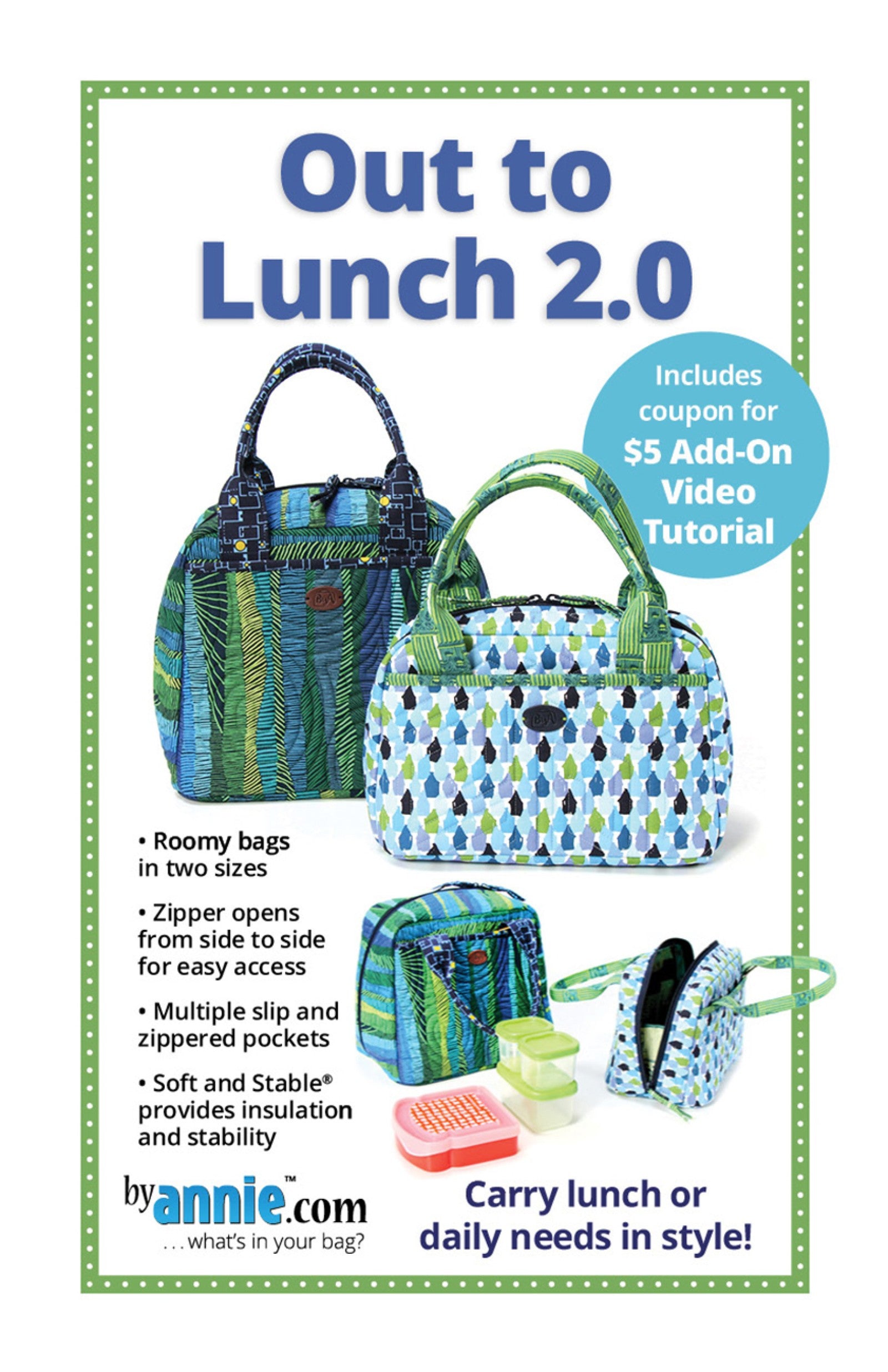 Out to Lunch 2.0 sewing pattern front cover from ByAnnie, showing two insulated lunch bags with side-opening zippers, and cover text reading Out to Lunch 2.0.
