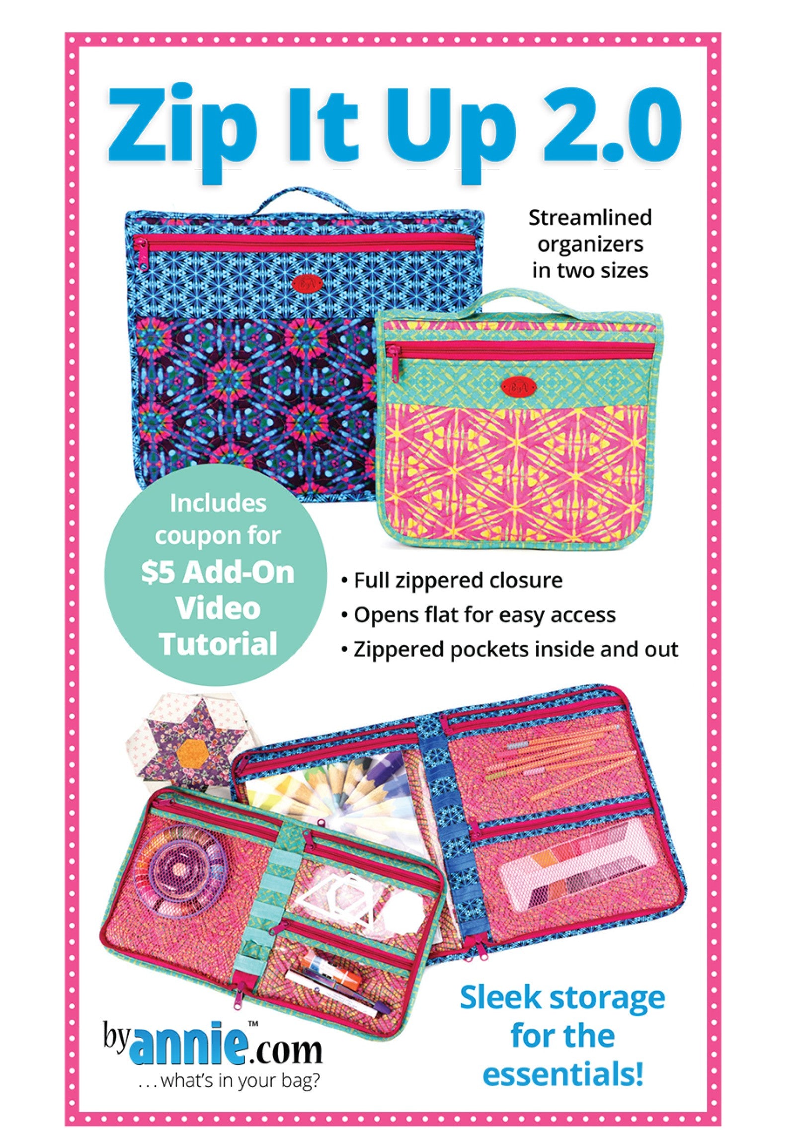 Zip It Up 2.0 sewing pattern front cover from ByAnnie, showing a small and a large flat zippered organizer, and cover text reading Zip It Up 2.0 streamlined organizers in two sizes.