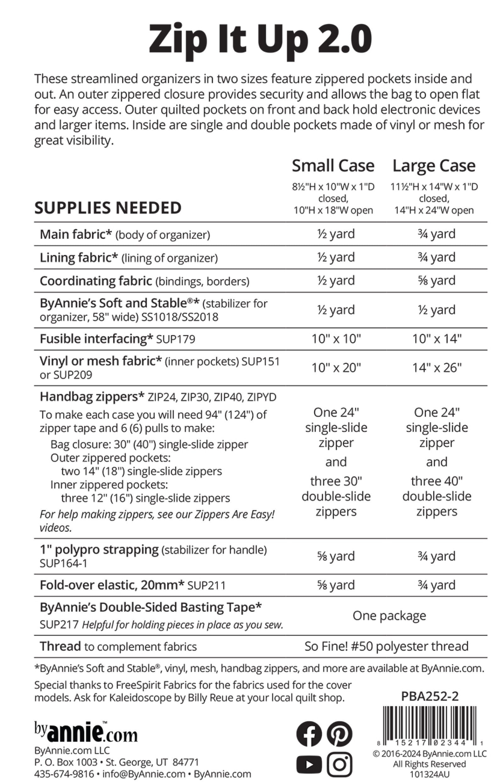 Zip It Up 2.0 sewing pattern back cover from ByAnnie listing the two sizes and the supplies needed, including main and lining fabric, ByAnnie's Soft and Stable, fusible interfacing, vinyl or mesh, and zippers.