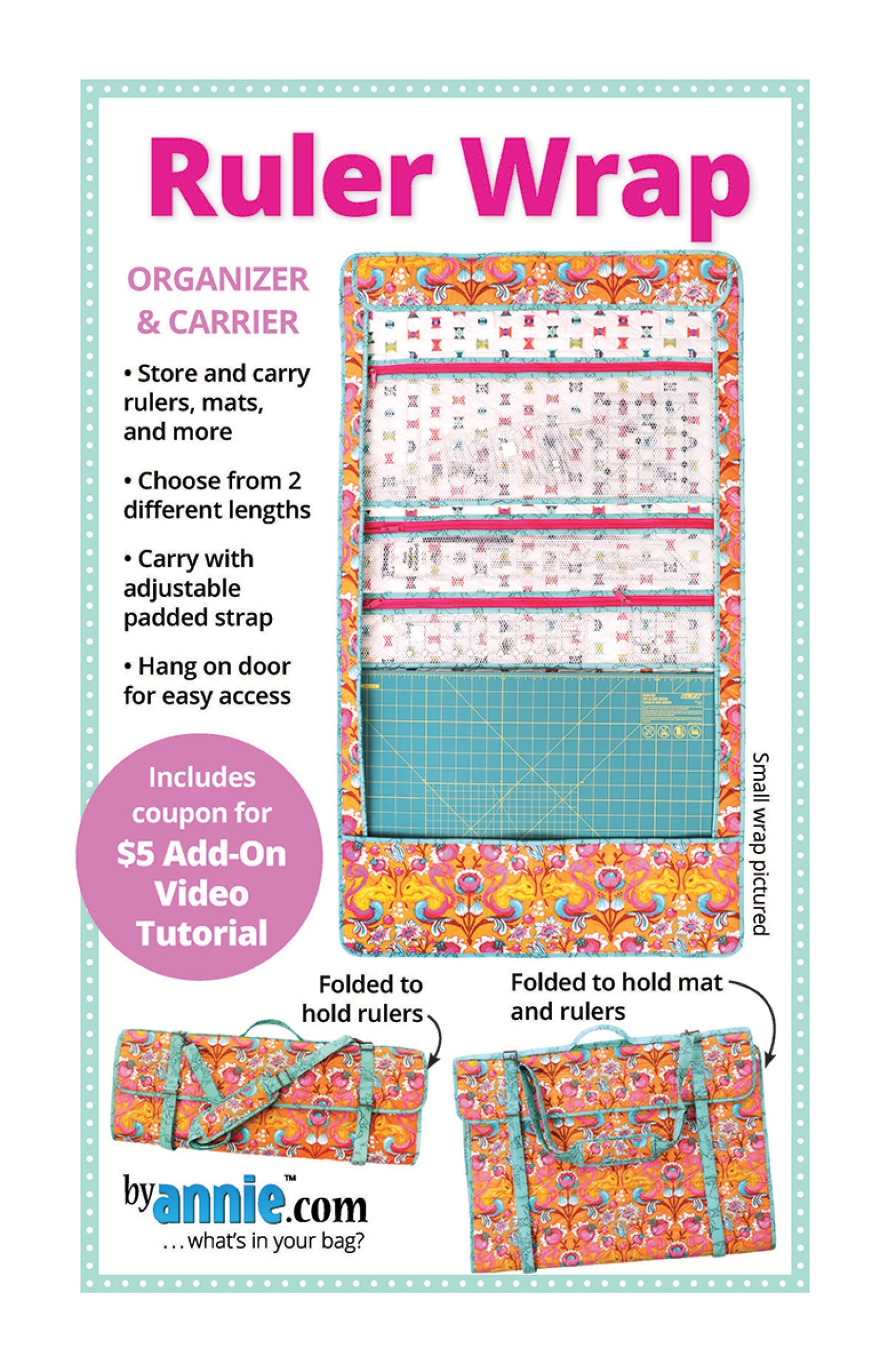 Ruler Wrap sewing pattern front cover from ByAnnie, showing a padded organizer and carrier holding quilting rulers and a mat, and cover text reading Ruler Wrap Organizer and Carrier.