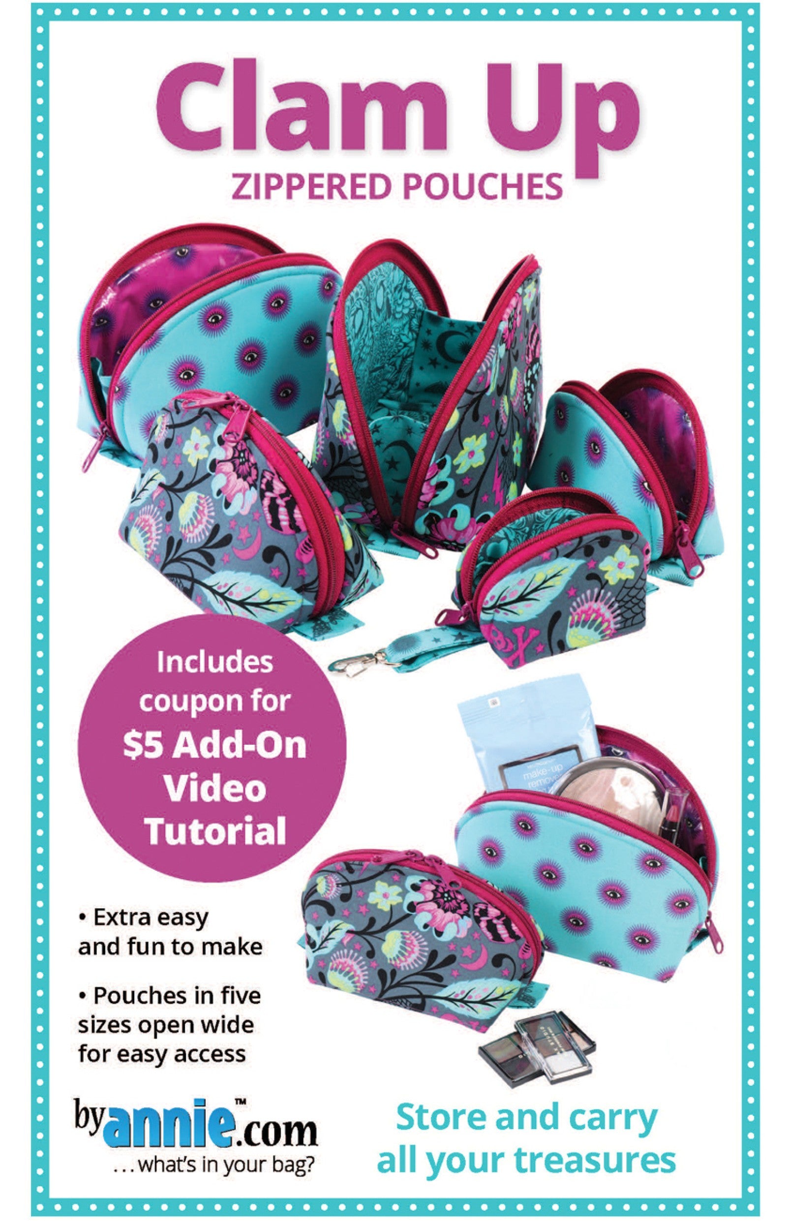 Clam Up sewing pattern front cover from ByAnnie, showing clamshell zippered pouches in five sizes, and cover text reading Clam Up Zippered Pouches.