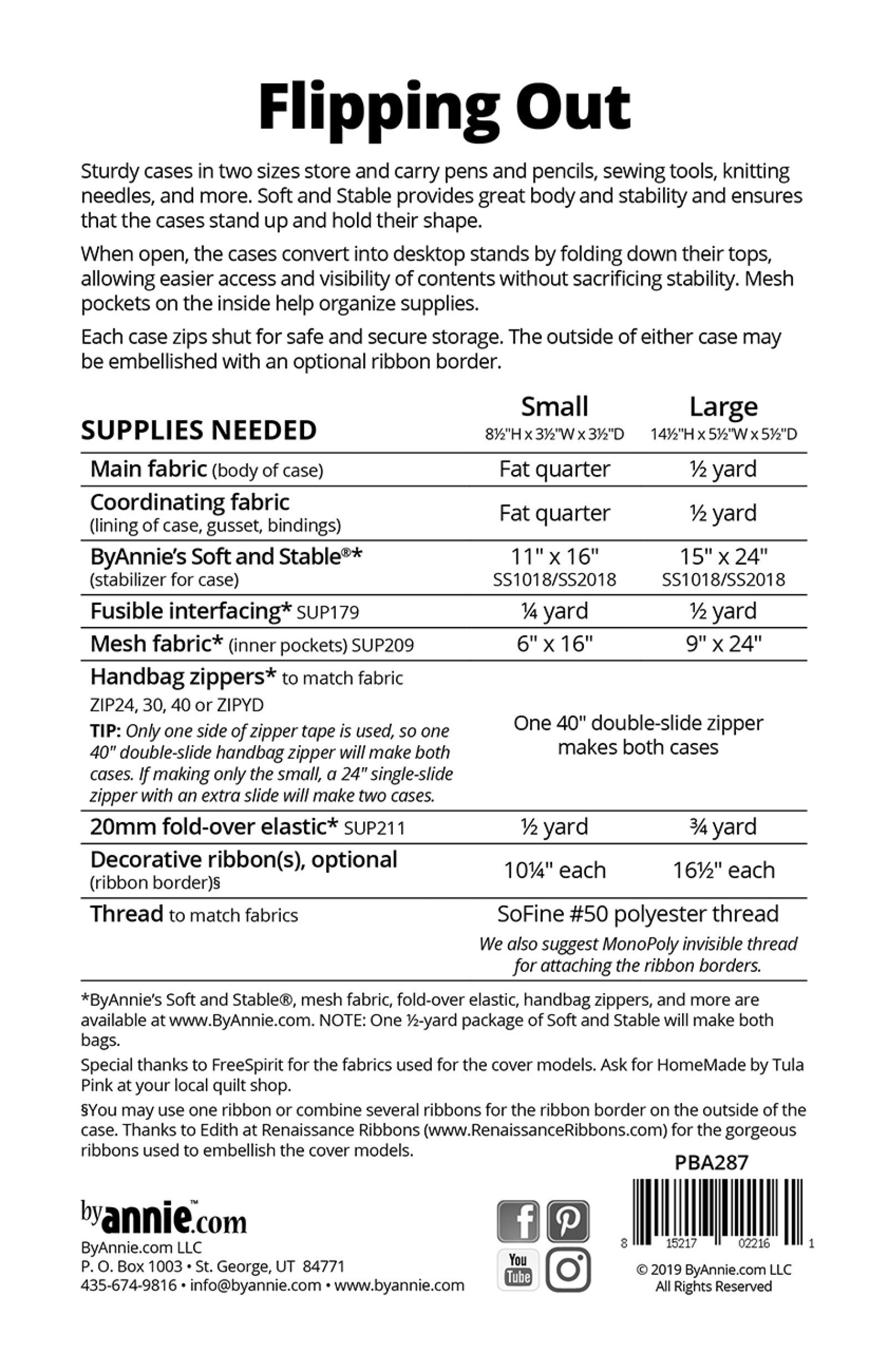 Flipping Out pattern back cover listing finished sizes and the supply list for the small and large cases, including fabric, Soft and Stable, mesh, zipper, and elastic.