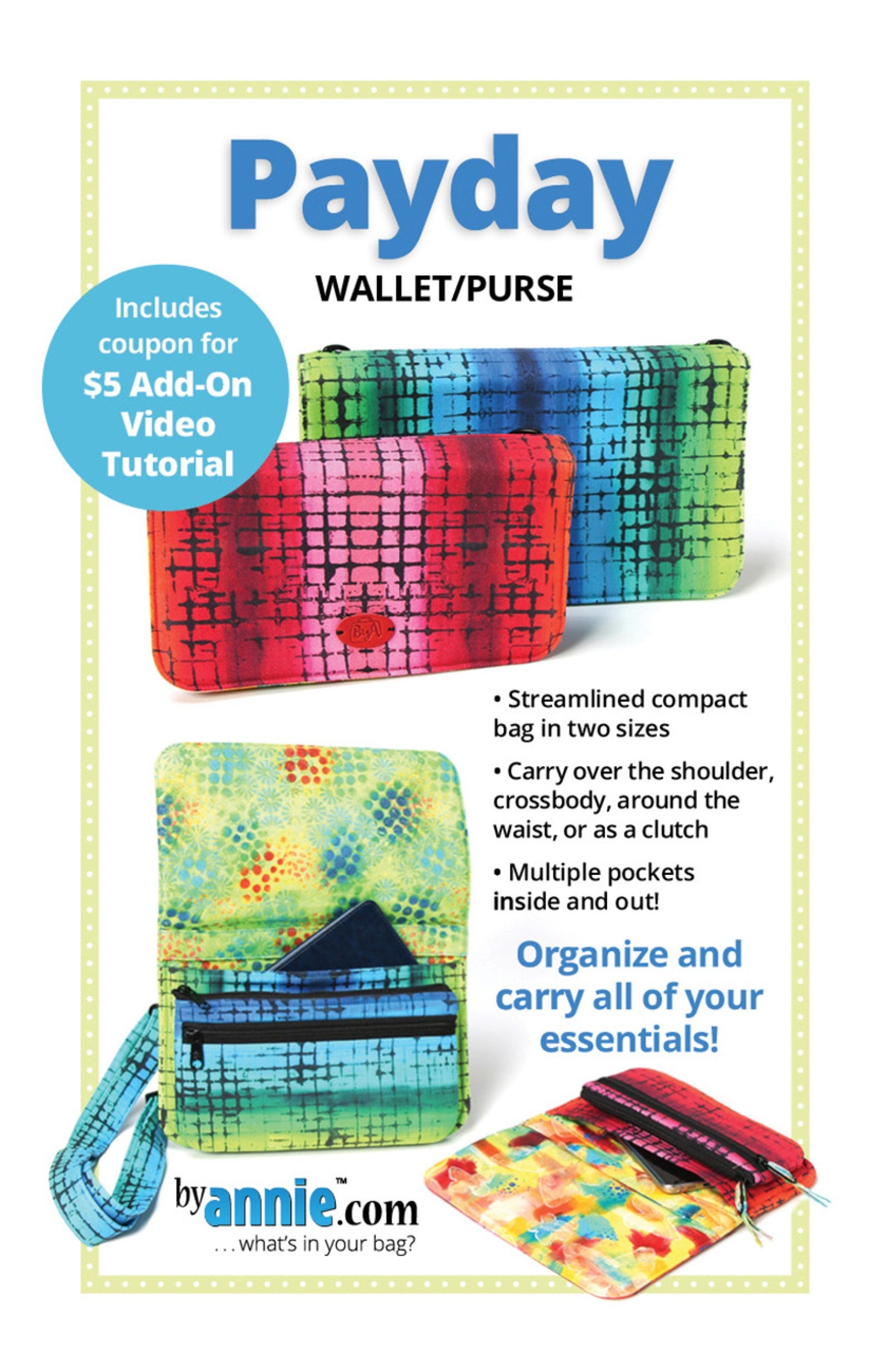 Payday Wallet Purse sewing pattern front cover from ByAnnie, showing the wallet in folded and open views with a crossbody strap, and cover text reading Payday Wallet Purse.