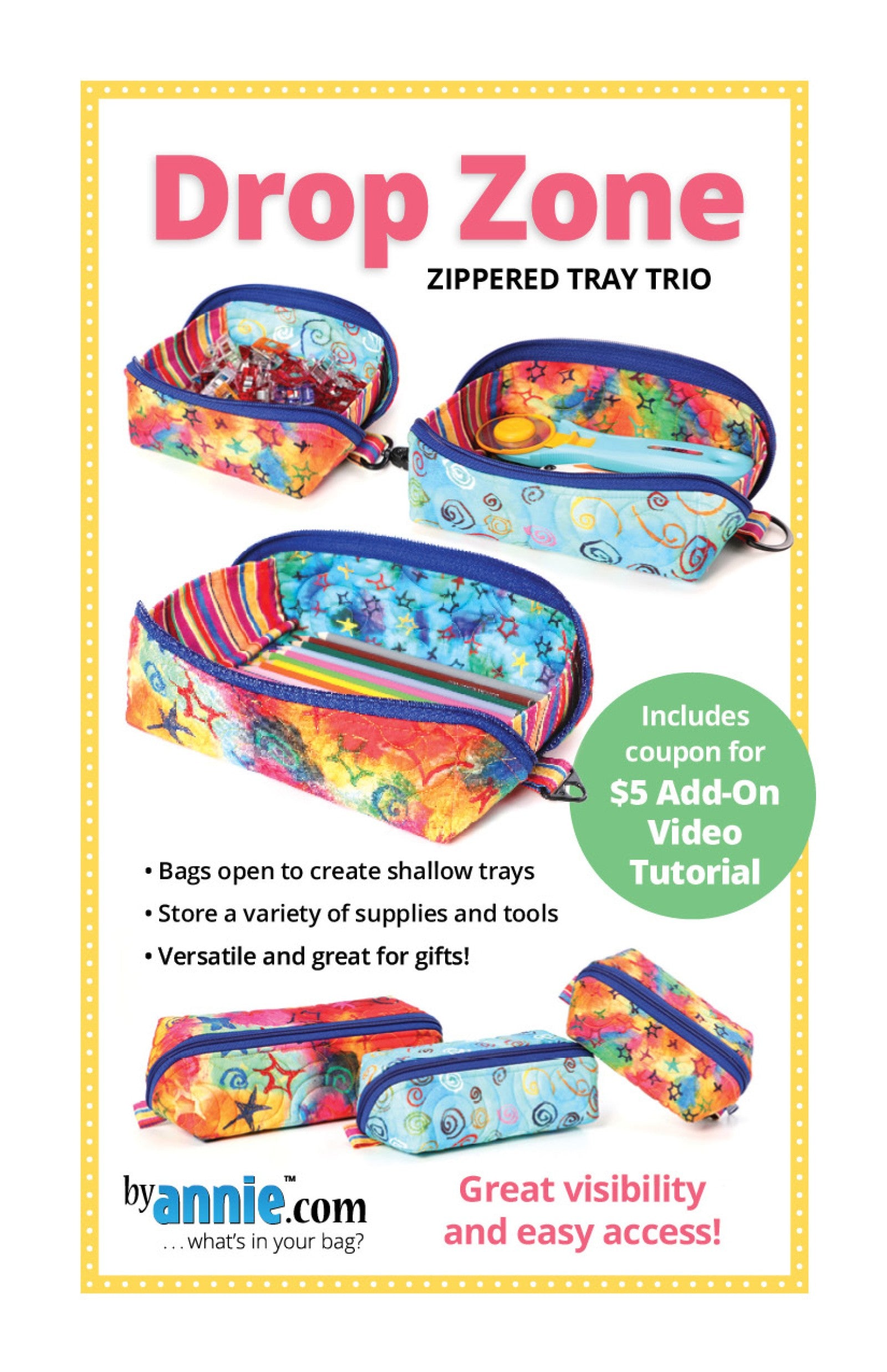 Drop Zone sewing pattern front cover from ByAnnie, showing three zippered pouches open into shallow trays, and cover text reading Drop Zone Zippered Tray Trio.