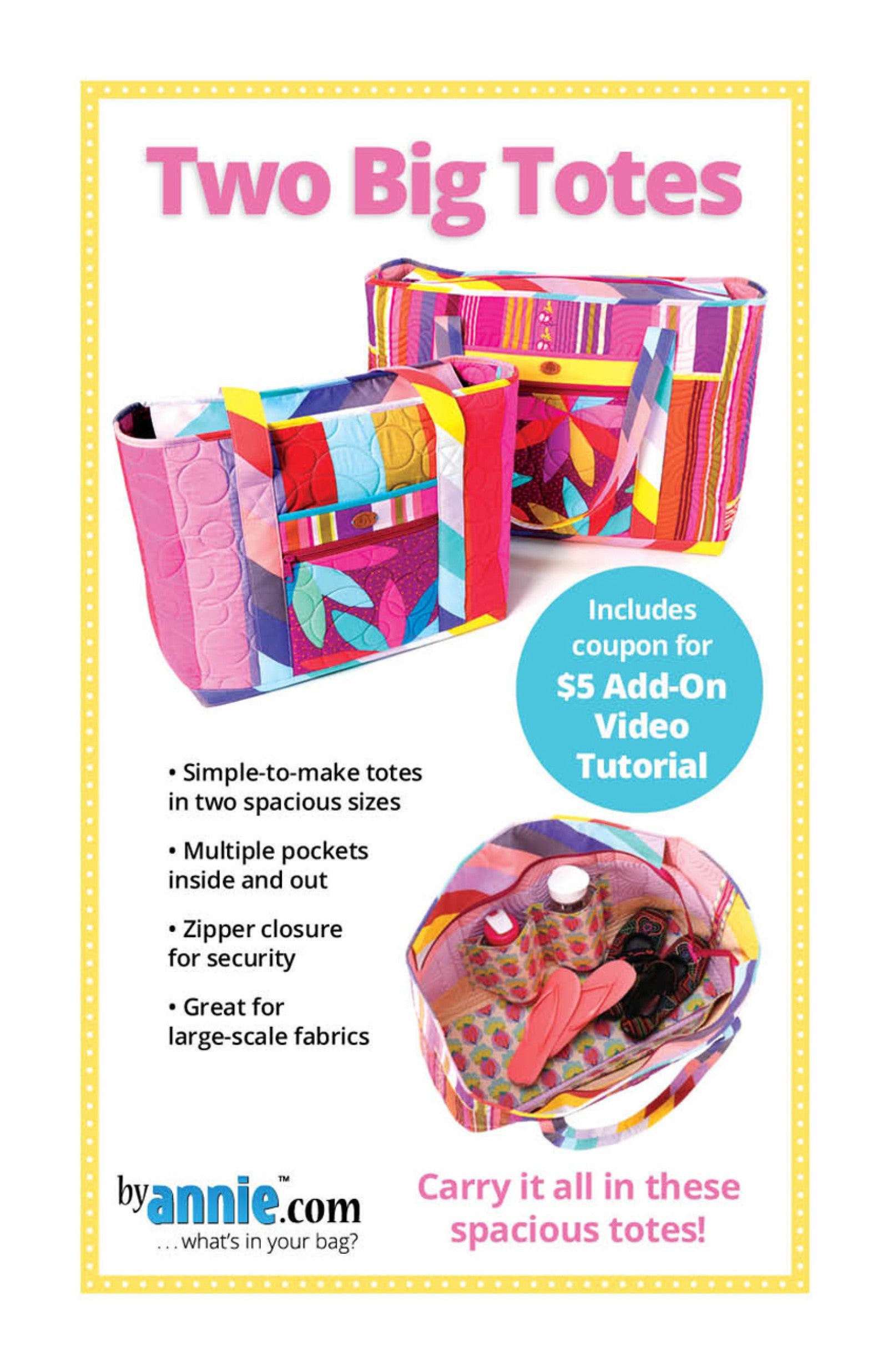 Two Big Totes sewing pattern front cover from ByAnnie, showing a large and an extra-large quilted tote in bright multicolor prints with shoulder handles and a front zip pocket.