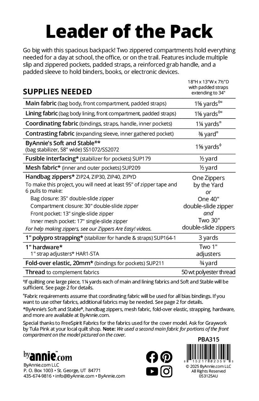 Leader of the Pack pattern back cover listing the finished size and supply list, including fabric, Soft and Stable, zippers, strapping, hardware, mesh, and elastic.