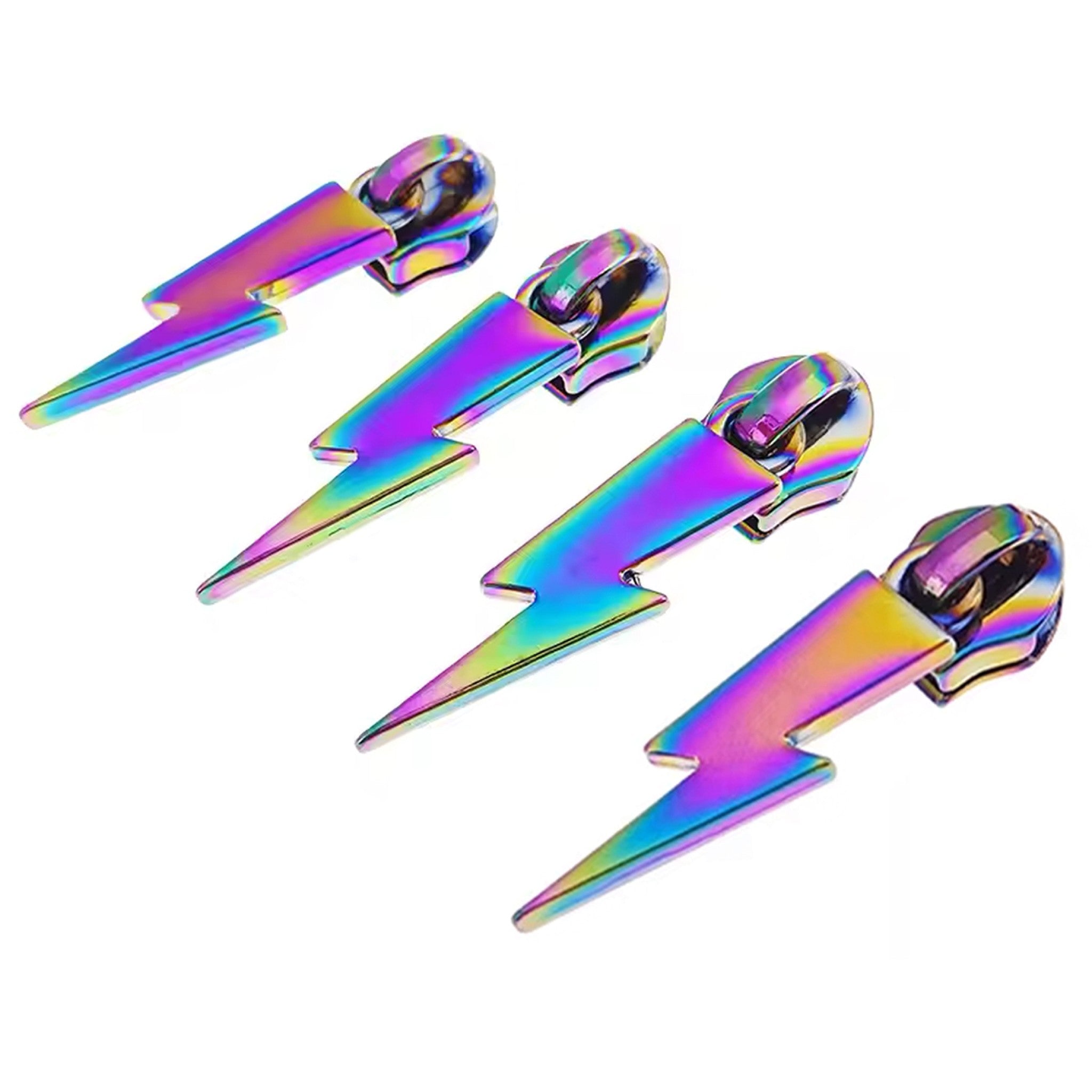 Four iridescent rainbow lightning bolt zipper pulls from Sassafras Lane Designs shown out of the package in a row. Pack of 4, fits #5 nylon coil zipper tape, oil-slick metallic finish.