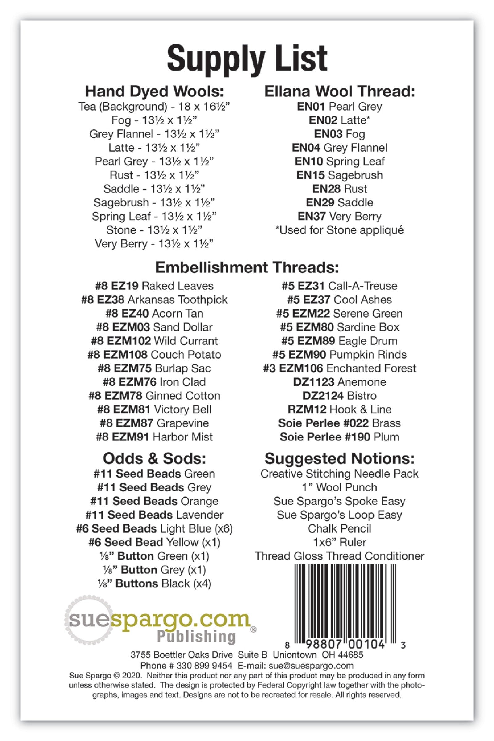 Back cover of the Toned Down Circle Sampler pattern by Sue Spargo of Folk Art Quilts. Printed supply list of the hand-dyed wools, Ellana wool thread, Eleganza Perle, Razzle and Dazzle embellishment threads, seed beads and buttons, with the UPC barcode.