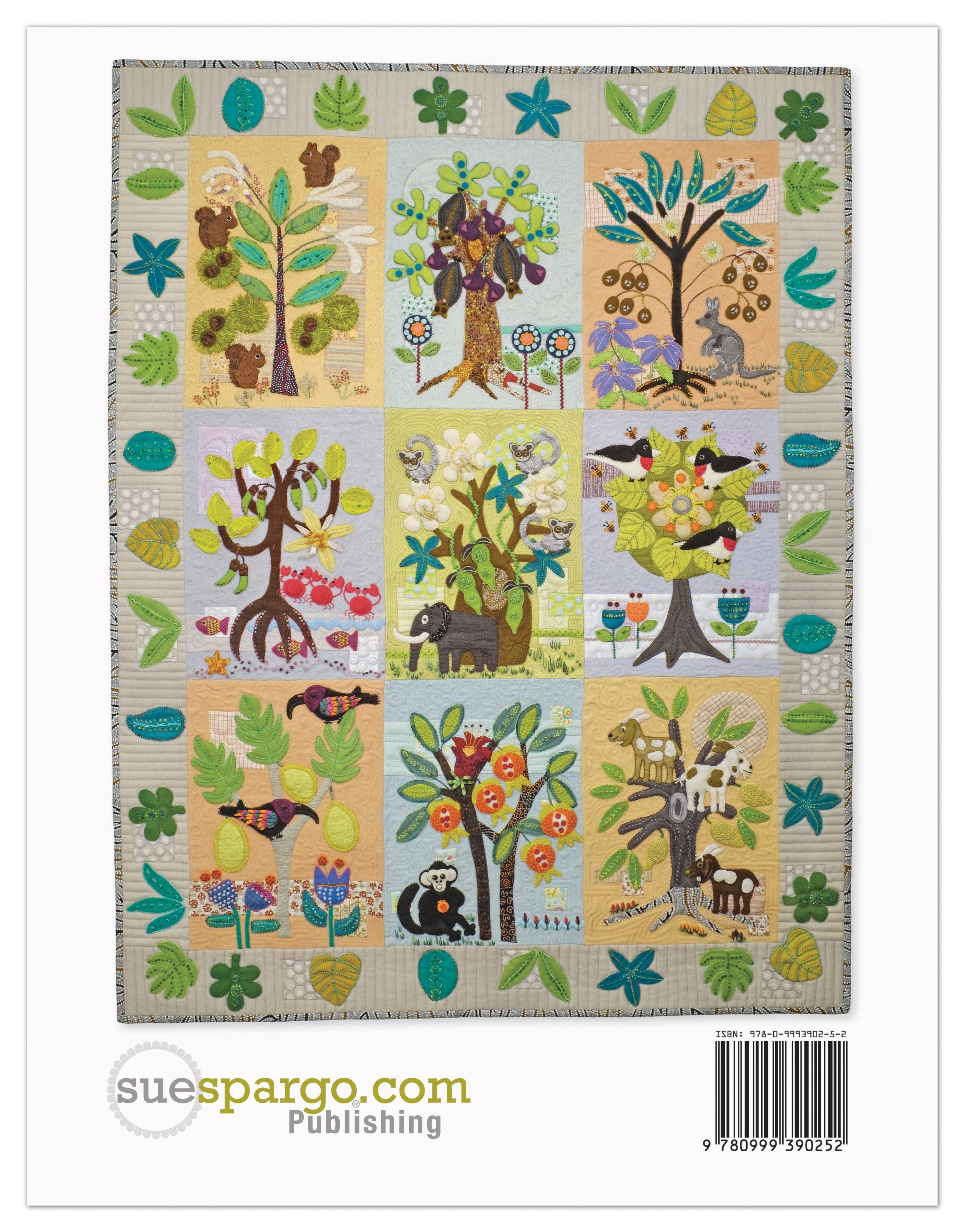 Front cover of Forest for the Trees, a wool applique and embroidery quilt pattern book by Sue Spargo of Folk Art Quilts. The title sits over a folk art quilt of trees from around the world, each filled with animals and birds, appliqued in wool with hand embroidery.