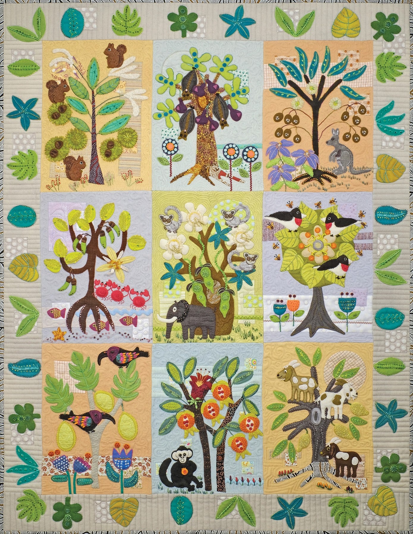 Back cover of Forest for the Trees by Sue Spargo of Folk Art Quilts, showing the full finished tree quilt, with the suespargo.com Publishing logo and the ISBN barcode.