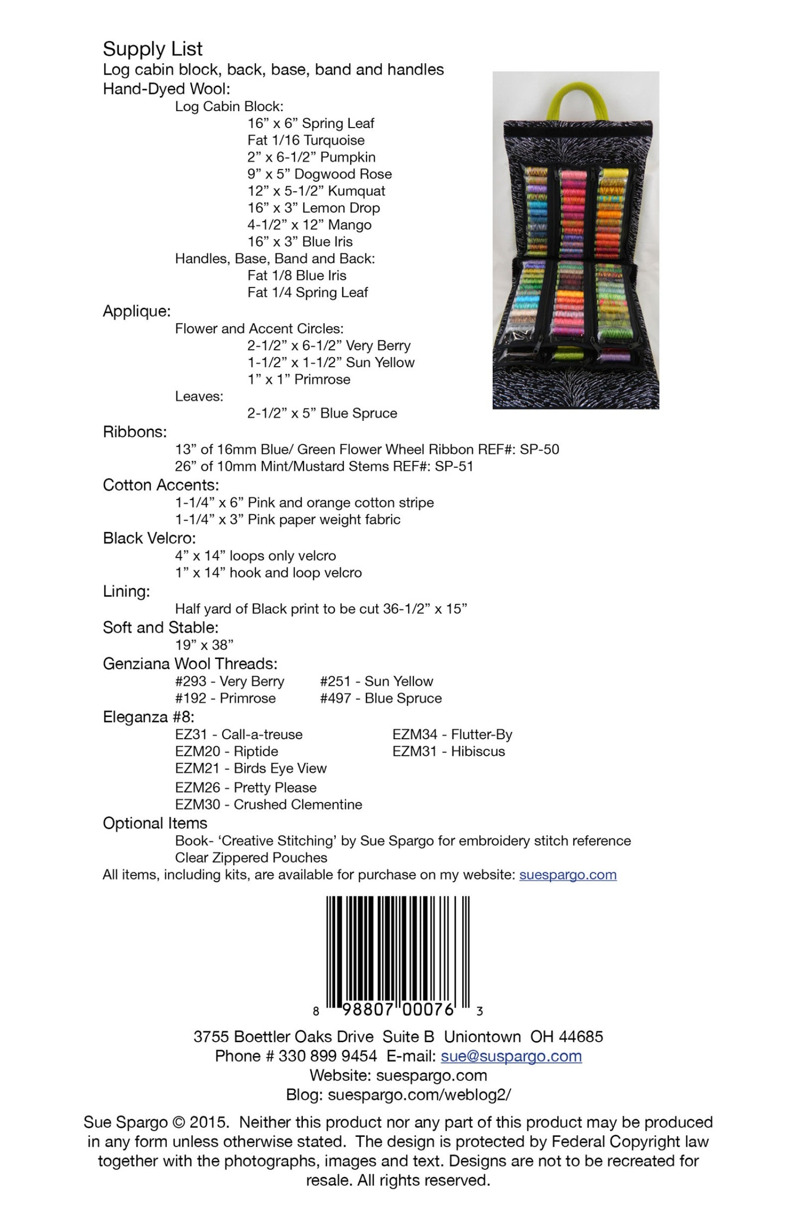 Allium Spool Sac sewing pattern by Sue Spargo of Folk Art Quilts. Back cover supply list naming the hand-dyed wools, applique fabrics, ribbons, lining, Soft and Stable stabilizer, hook-and-loop tape, and threads, with an inset photo of the open sac holding clear pouches full of colorful thread spools, and the UPC barcode.