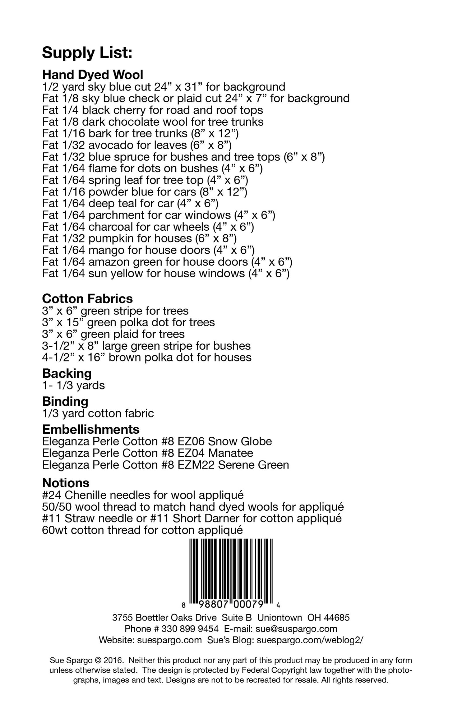 Tootin' Along quilting pattern by Sue Spargo of Folk Art Quilts. Back cover supply list naming the hand-dyed wools, cotton fabrics, backing, binding, Eleganza perle cotton, and needles used to make the wall hanging, with the UPC barcode.