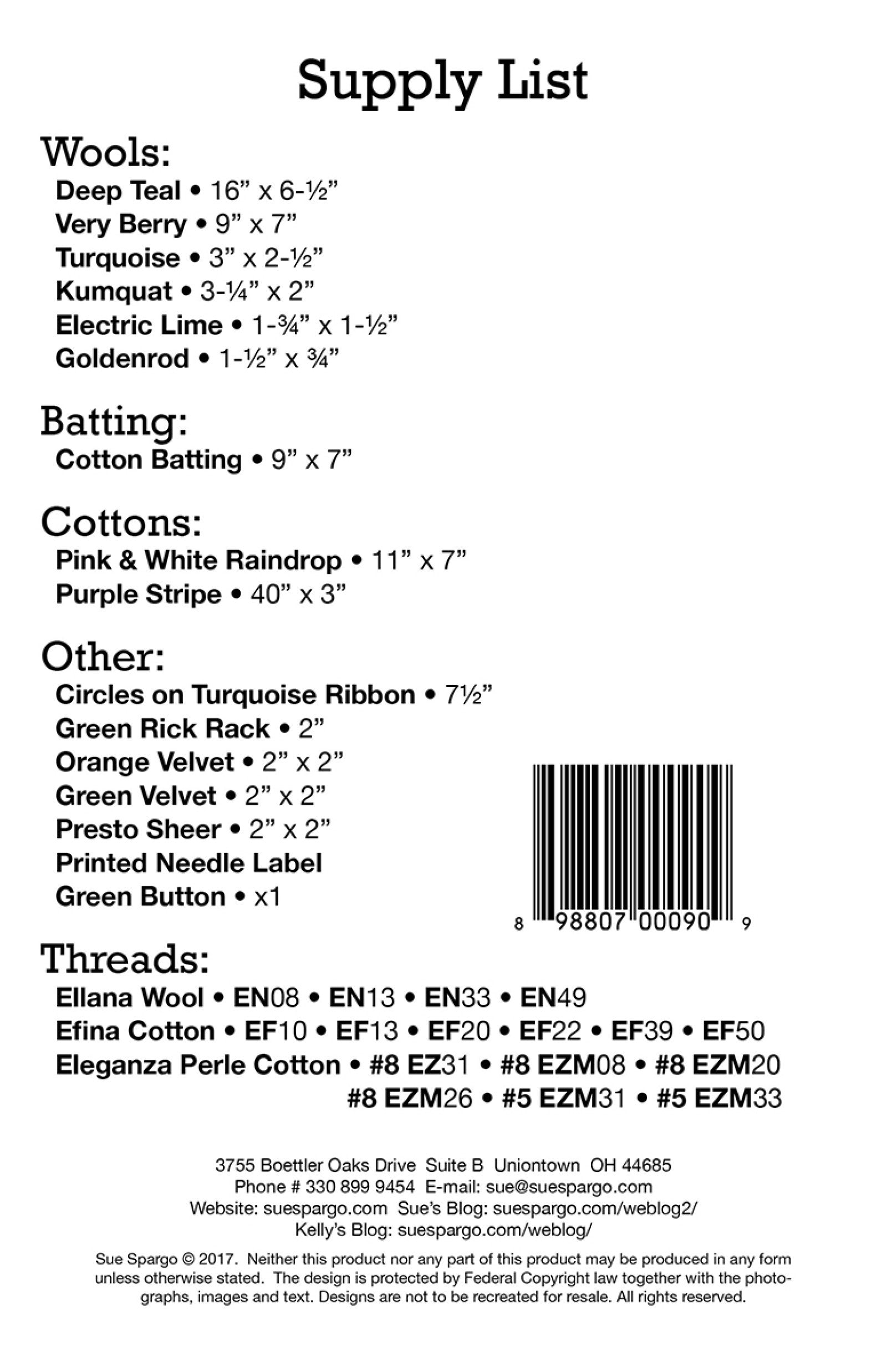 Back cover of the Bird and Bloom Needle Case pattern by Sue Spargo of Folk Art Quilts. Printed supply list grouping the wools, cotton batting, cotton interior and purple striped binding, turquoise ribbon and green rick rack, orange and green velvet, sheer overlay, printed needle label and button, and the Ellana, Efina, and Eleganza threads, with the UPC barcode.