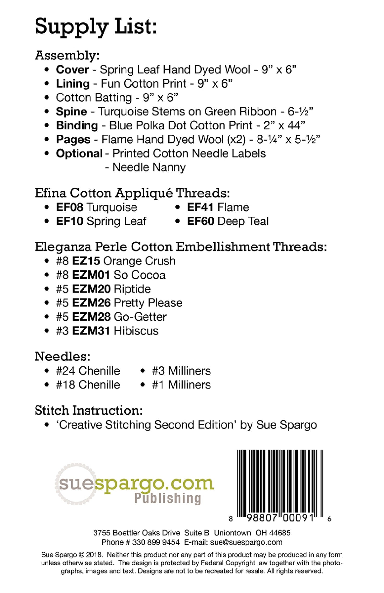 Back cover of the Tea Bird Needle Case pattern by Sue Spargo of Folk Art Quilts. Printed supply list with the wool cover and pages, cotton lining and polka-dot binding, and ribbon spine, plus the Efina cotton and Eleganza Perle thread colors and needle sizes, with the UPC barcode.