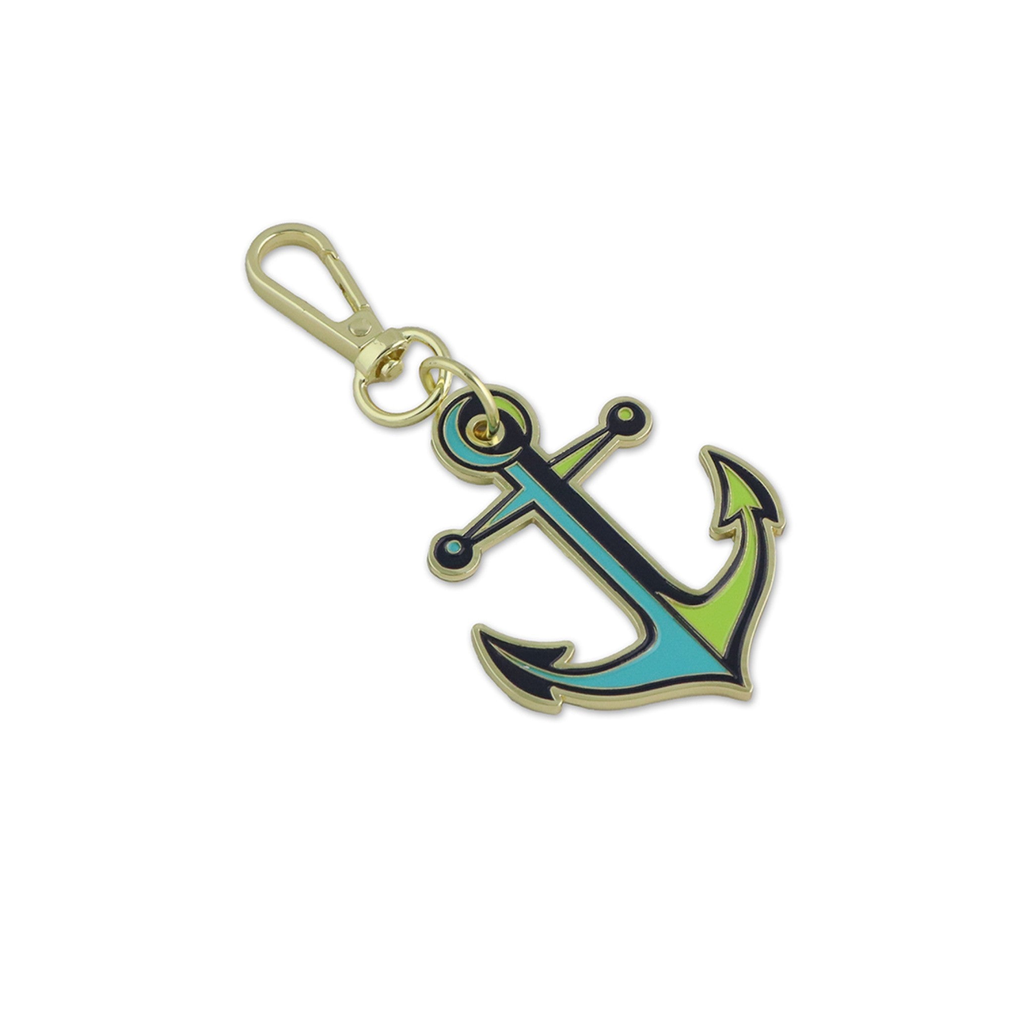 Tula Pink Anchors Aweigh Marine hard enamel bag charm by Sallie Tomato – anchor shape in teal and lime green with black outlines, gold metal finish, and gold lobster clasp