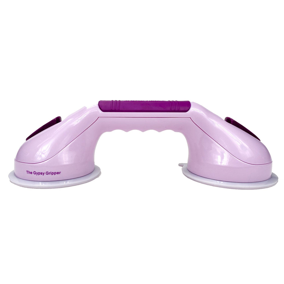 The Original Gypsy Gripper by The Gypsy Quilter on a white background, a lavender handle with a purple rubberized grip bridging two round suction cups, with a purple latch on top of each cup.