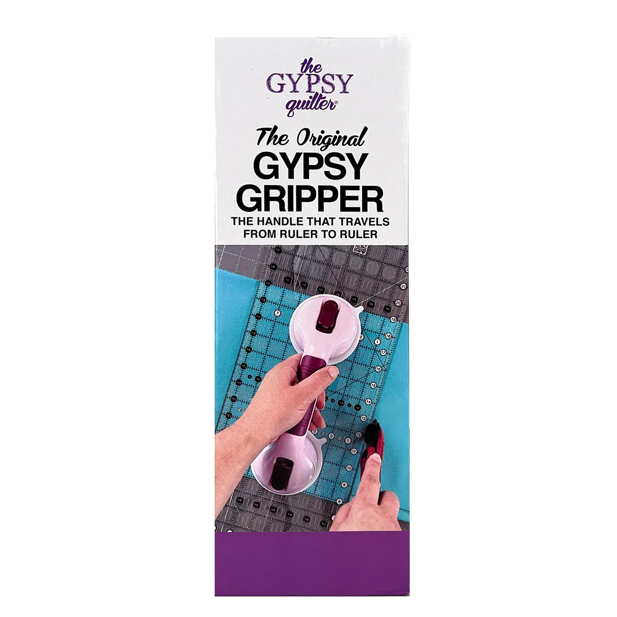 Front of the Original Gypsy Gripper box from The Gypsy Quilter, reading The Handle That Travels From Ruler to Ruler, with a photo of the gripper on a ruler during cutting.