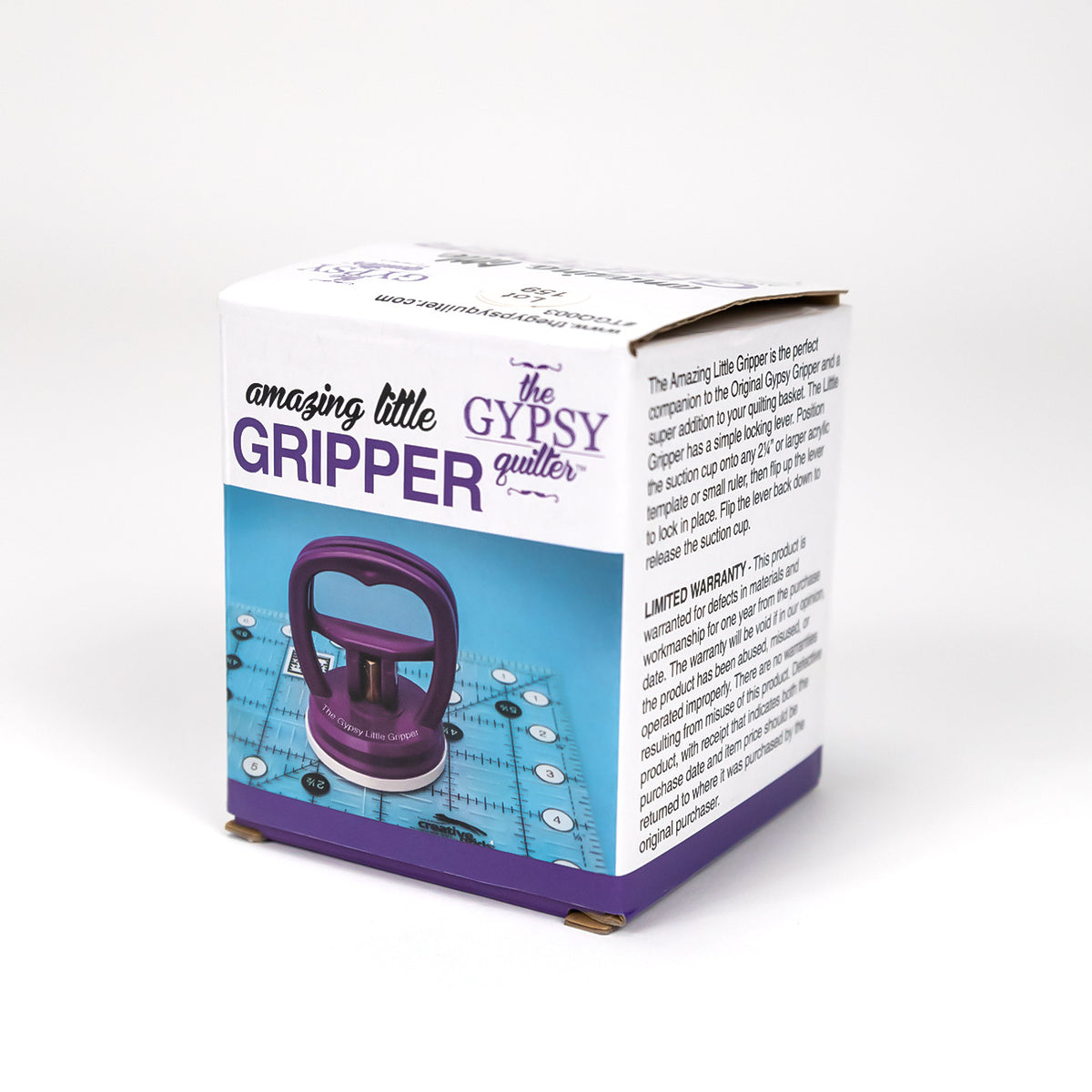 The Amazing Little Gripper box from The Gypsy Quilter, a photo of the purple handle on a ruler on the front and the description and limited warranty printed on the side panel.