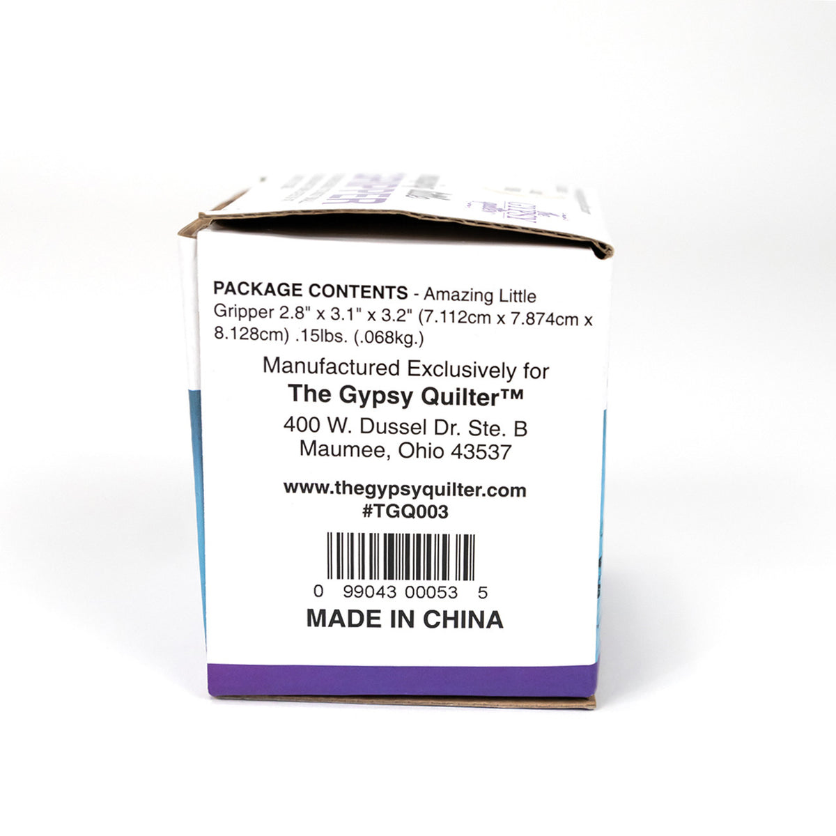 Back of the Amazing Little Gripper box listing the package contents, The Gypsy Quilter address in Maumee, Ohio, item number TGQ003, and a barcode.