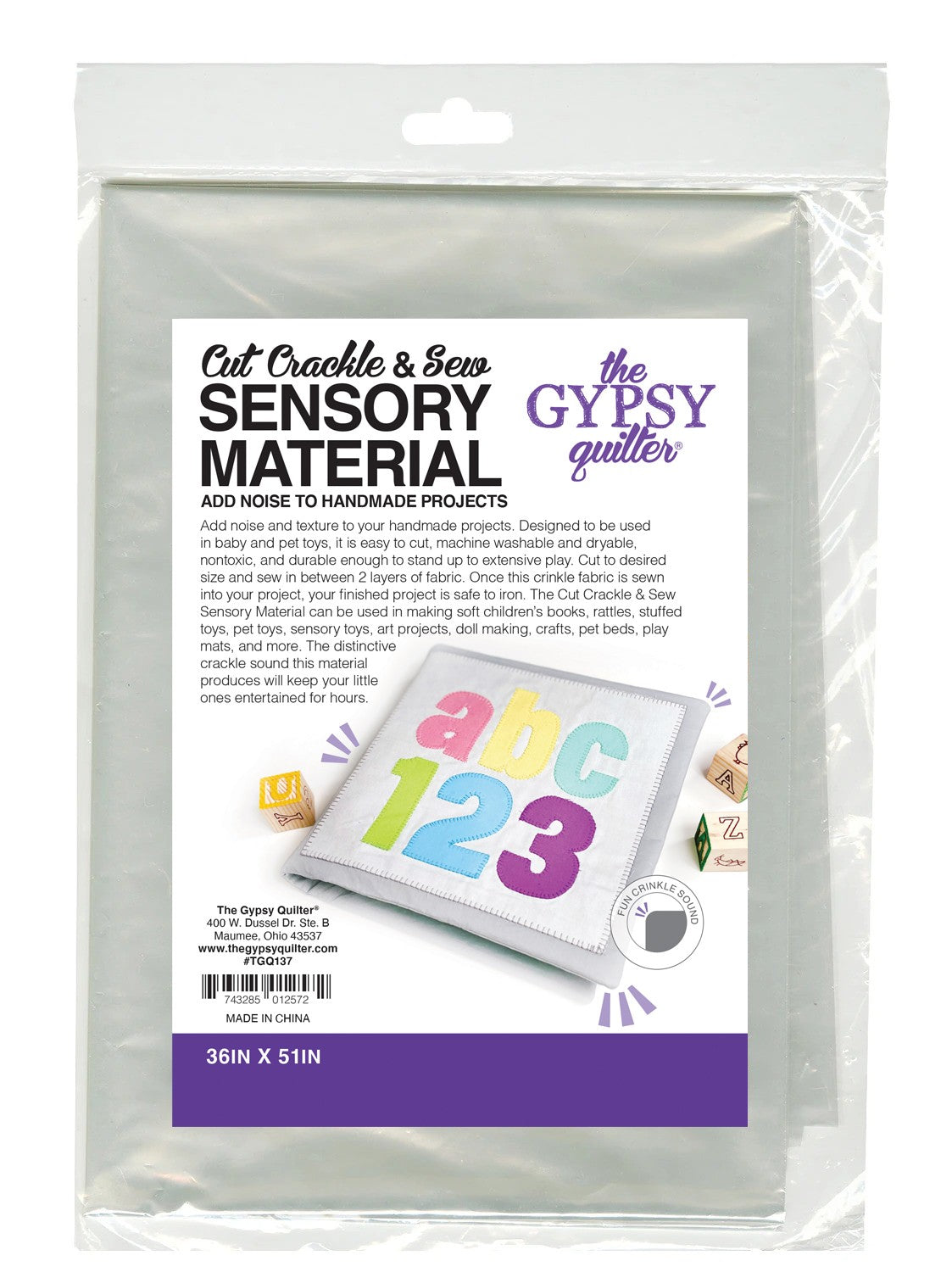 Cut Crackle and Sew Sensory Material in the current package printing, the label showing a soft fabric book with abc 123 appliqué and the size 36 in x 51 in.