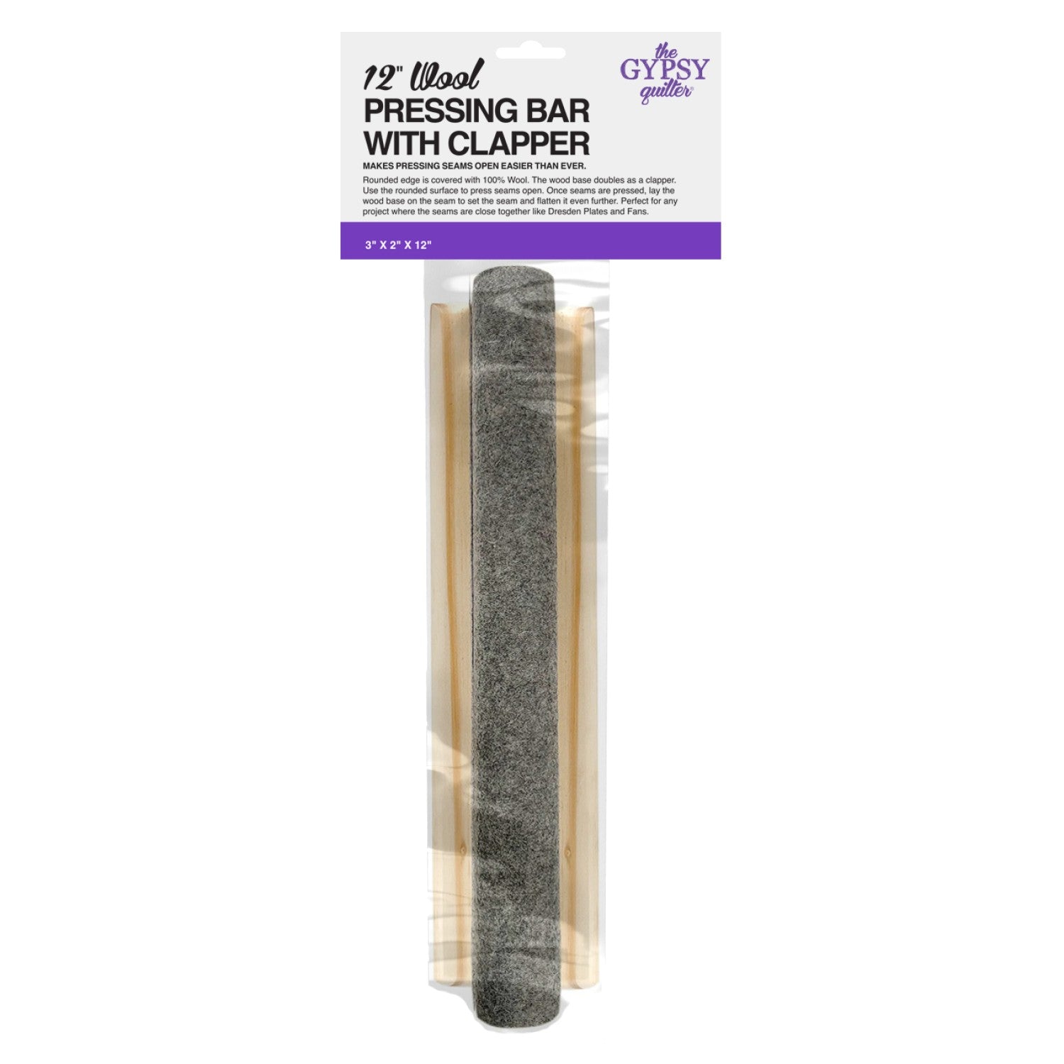 The Gypsy Quilter 12-inch Wool Pressing Bar with Clapper in its retail package, the printed header card showing the product name, brand logo, and 3 by 2 by 12 inch size above the gray wool bar and light wood base visible through the clear packaging.