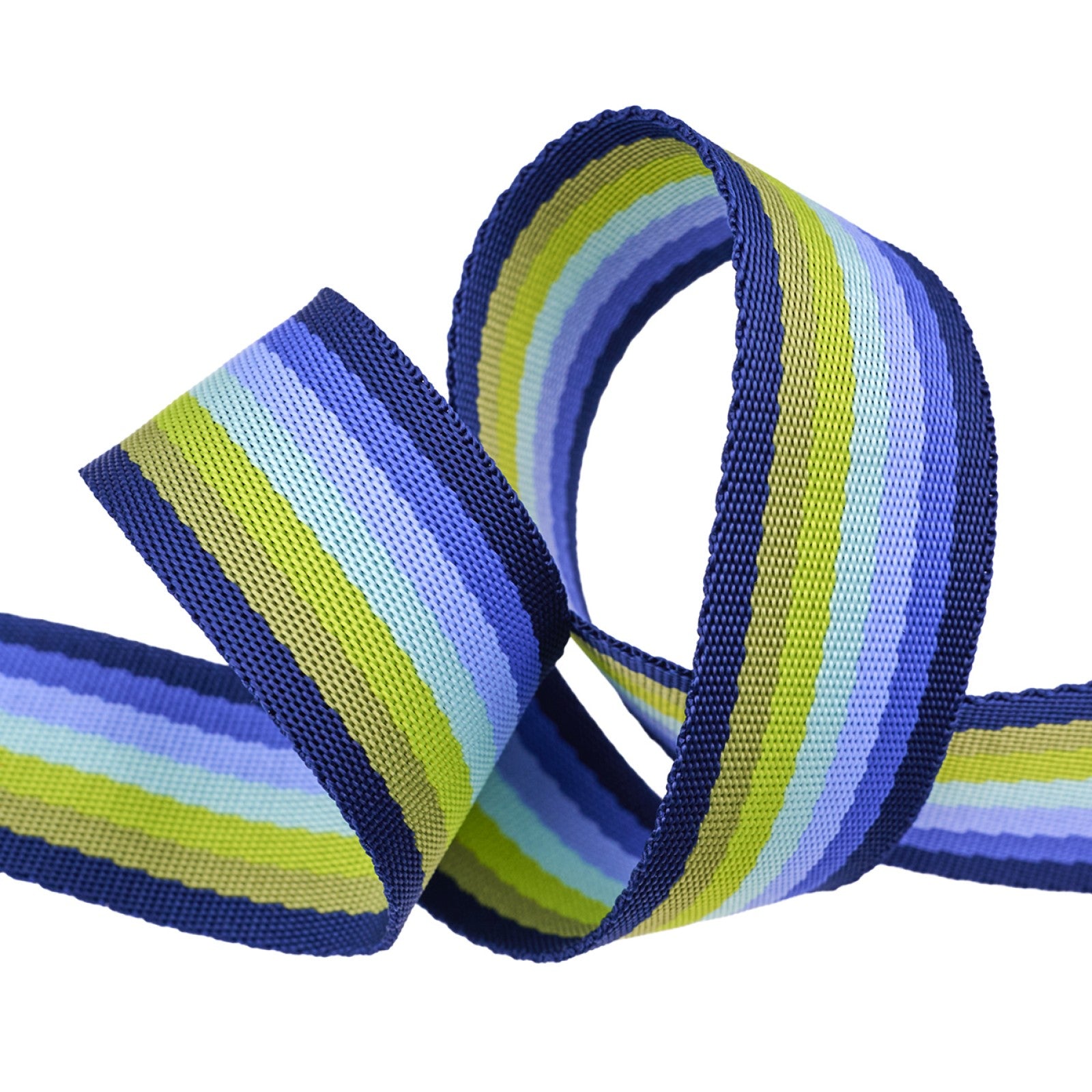 Tula Pink Floral Reef Smooth Sailing webbing in Marine from Renaissance Ribbons, a 1-1/2 inch woven polyester strap looped on white, striped from navy edges through cornflower and pale blue to a lime-green center.